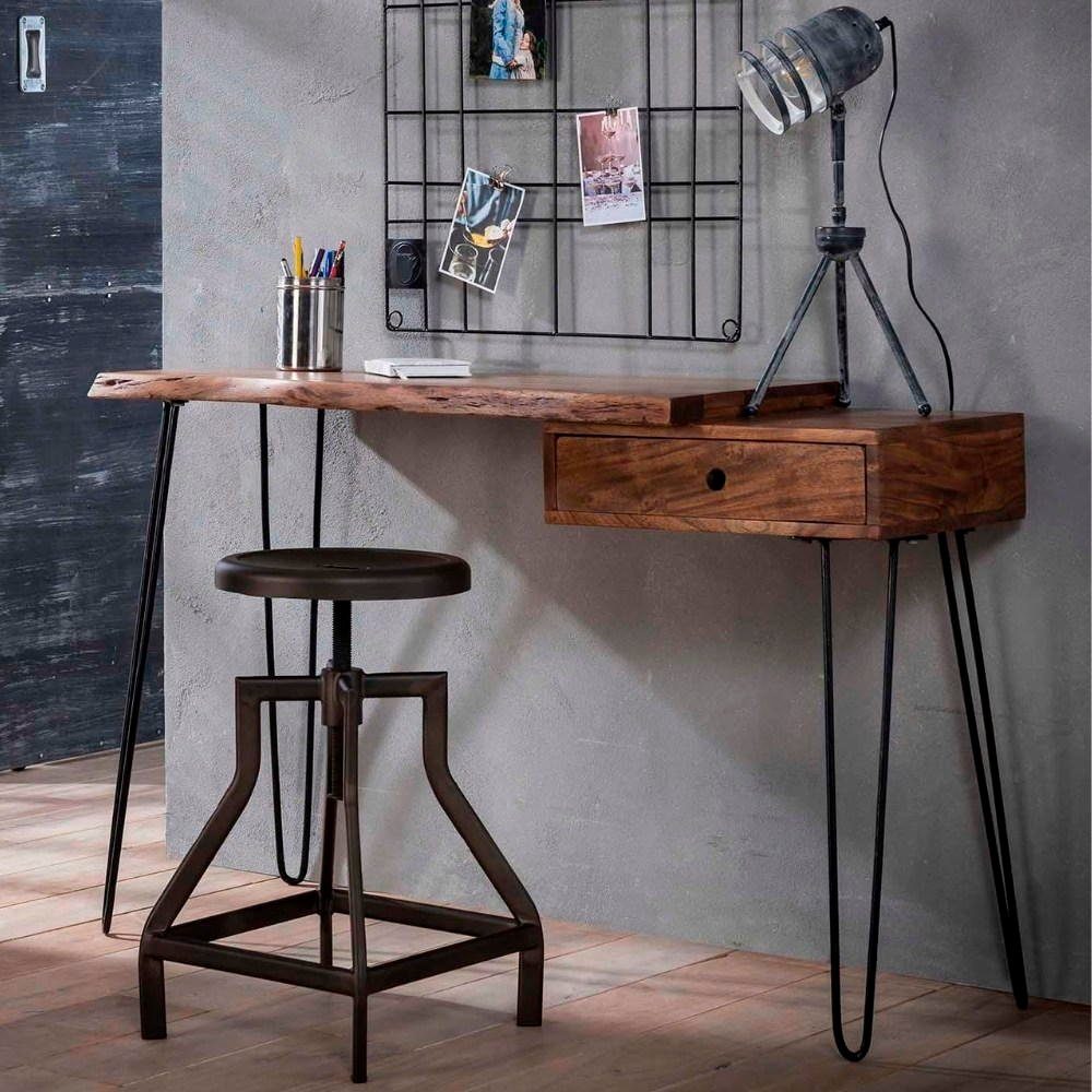 RINGO-Living Schreibtisch Schwar, Möbel Schreibtisch Massivholz Natur-dunkel mit und in Schublade Aluna