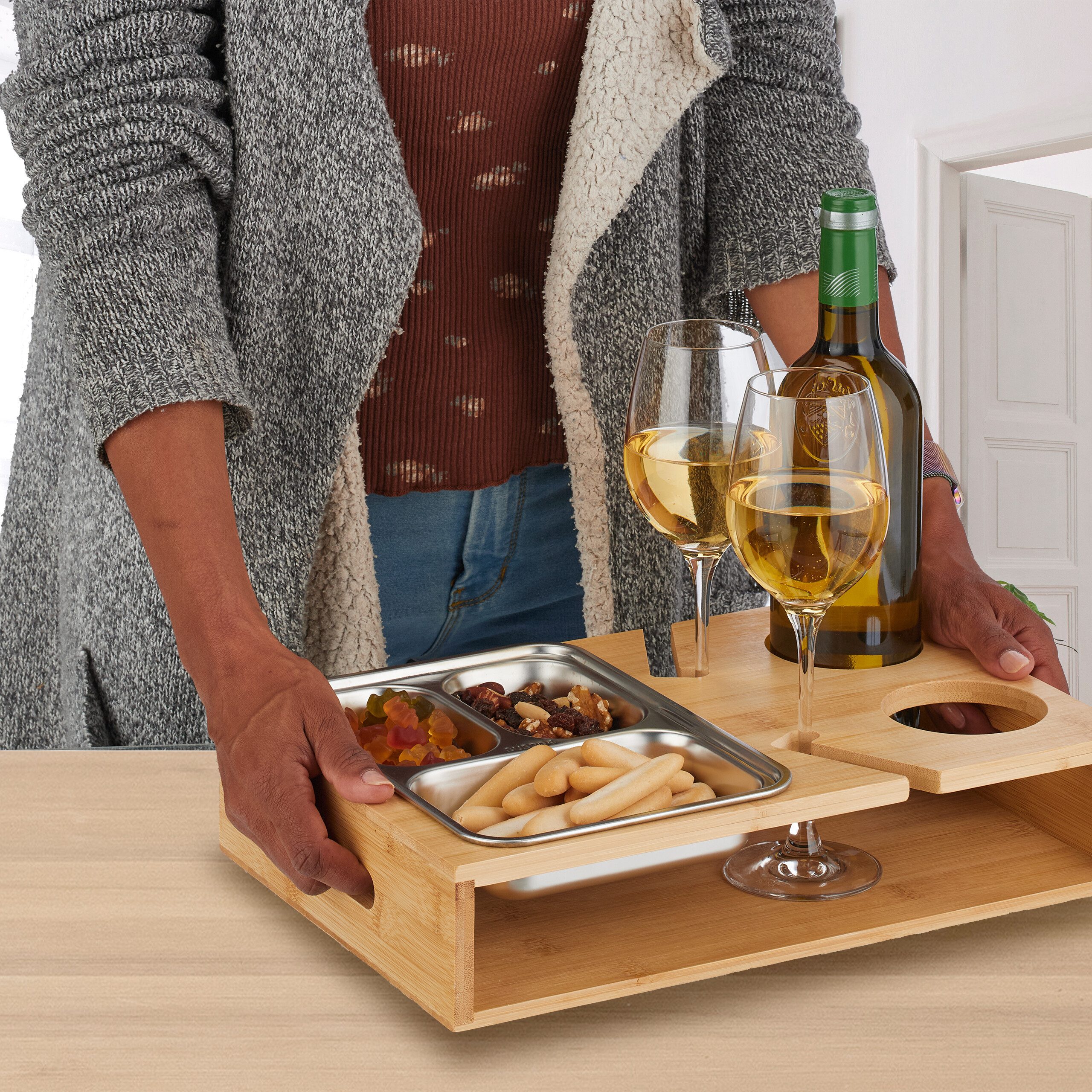 relaxdays Tabletttisch Couchbar mit Edelstahlschale