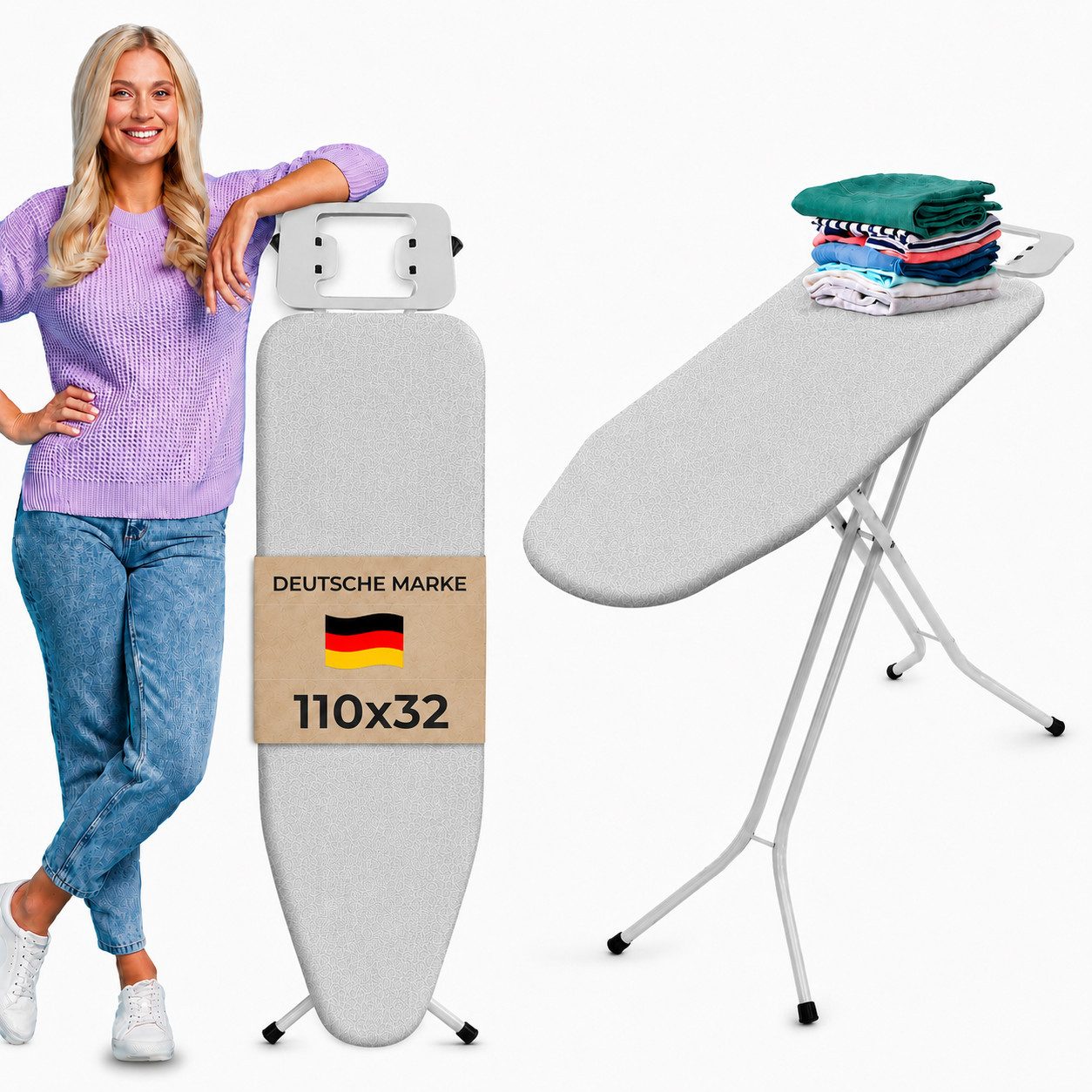 STAHLMANN COMMERCE GmbH Bügelbrett Bügelbrett [110 × 32 cm] 4-fach höhenverstellbar Made in EU, Bügelfläche 110x32 cm, 110 × 32 cm · 4-fach höhenverstellbar · Made in EU