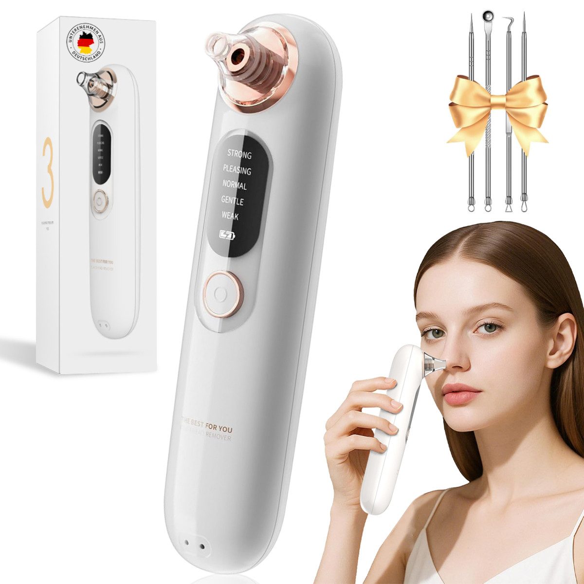 FOSMET Porenreiniger Vakuum Porenreiniger–Pickelsauger 4 Aufsätzen für Gesichtsreinigung, Vakuum Beauty Hautpflegegerät mit 5 Saugstufen & LED-Anzeige