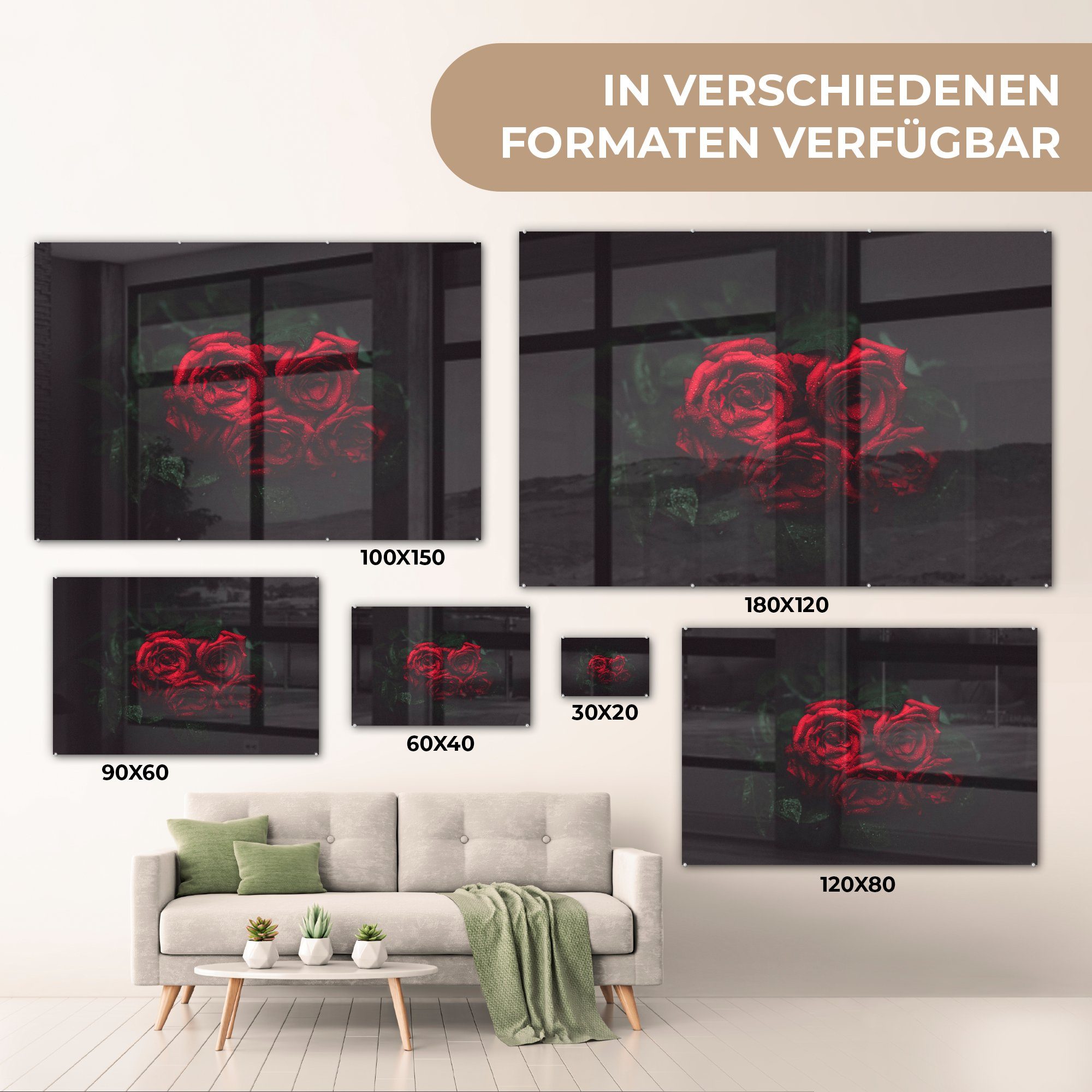 MuchoWow Acrylglasbild Rosen - Schlafzimmer (1 Schwarz, Rot St), Wohnzimmer - Acrylglasbilder &