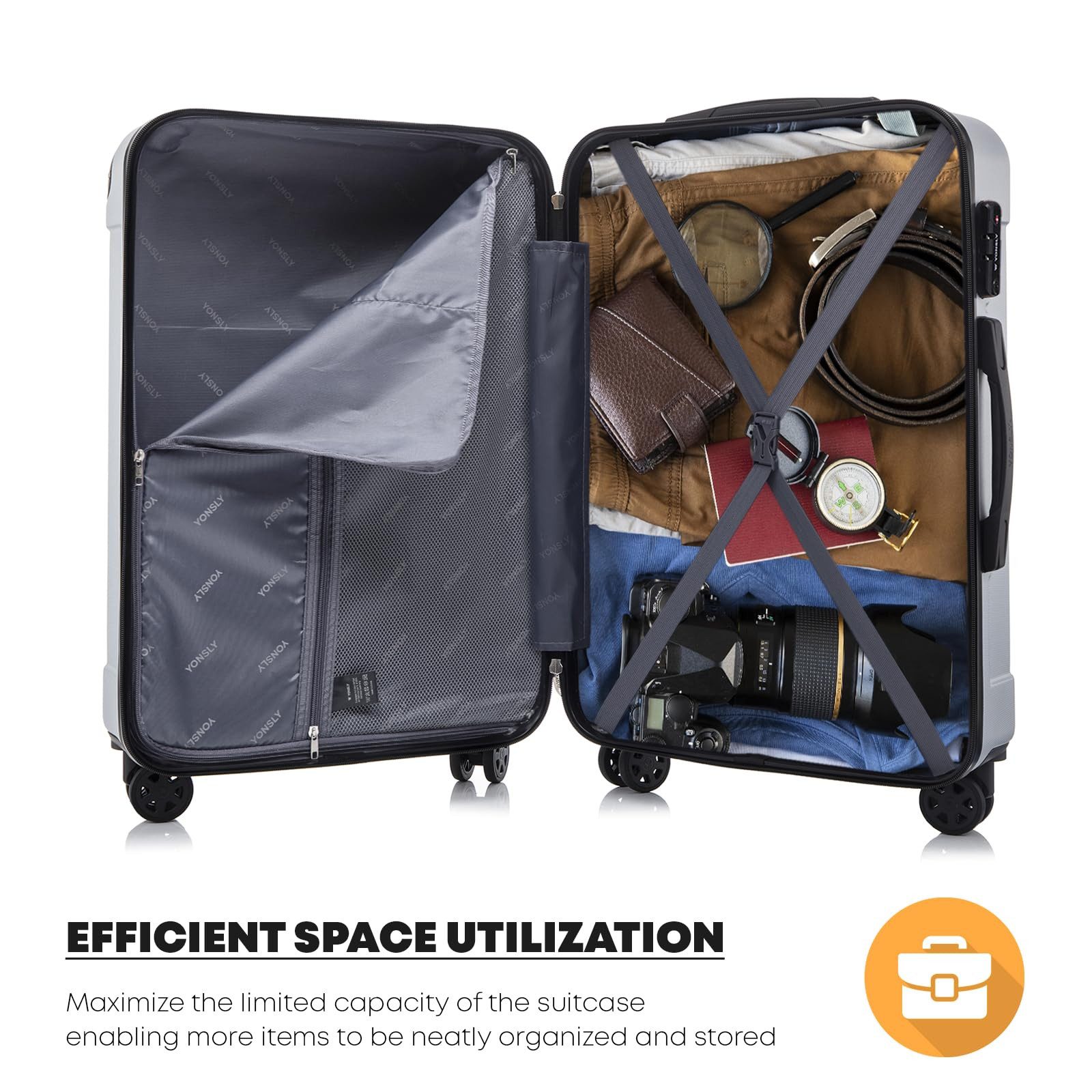 YONSLY Hartschalen-Trolley Premium Hartschalen-Reisekoffer Trolley Kabinenkoffer, 4 Rollen, TSA-Schloss, YKK-Reißverschluss, austauschbare Rollen & Griffe