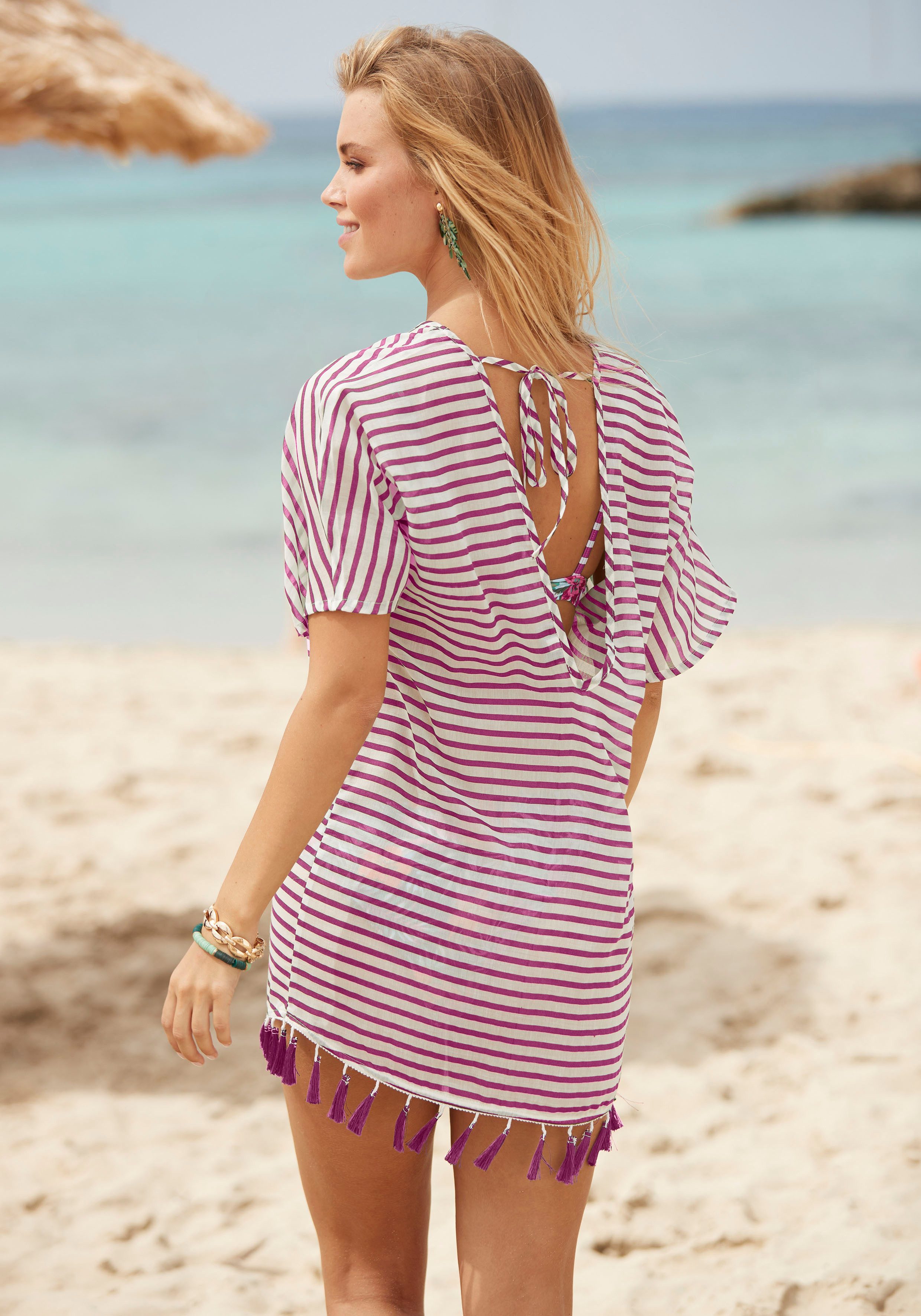 Venice Beach Chiffontunika mit Streifenprint, Quasten mit Fransen, Cover-Up – Bild 3 von 5