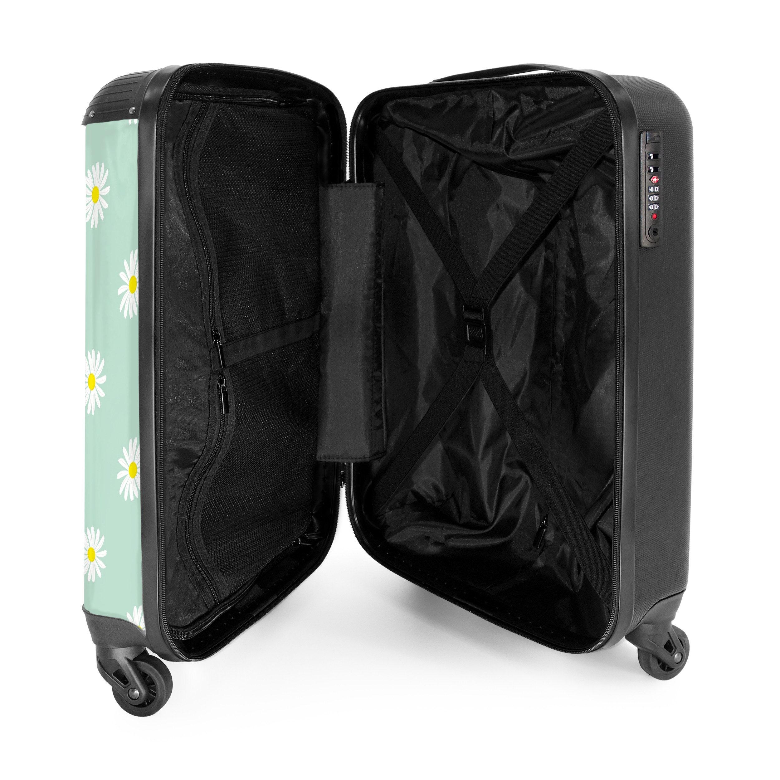 NoBoringSuitcases.com© Hartschalen-Trolley Pastellgrün mit Gänseblümchen 55x35x20cm, 4 Rollen, Handgepäck Koffer & Trolleys, Luggage, Reisekoffer Frauen