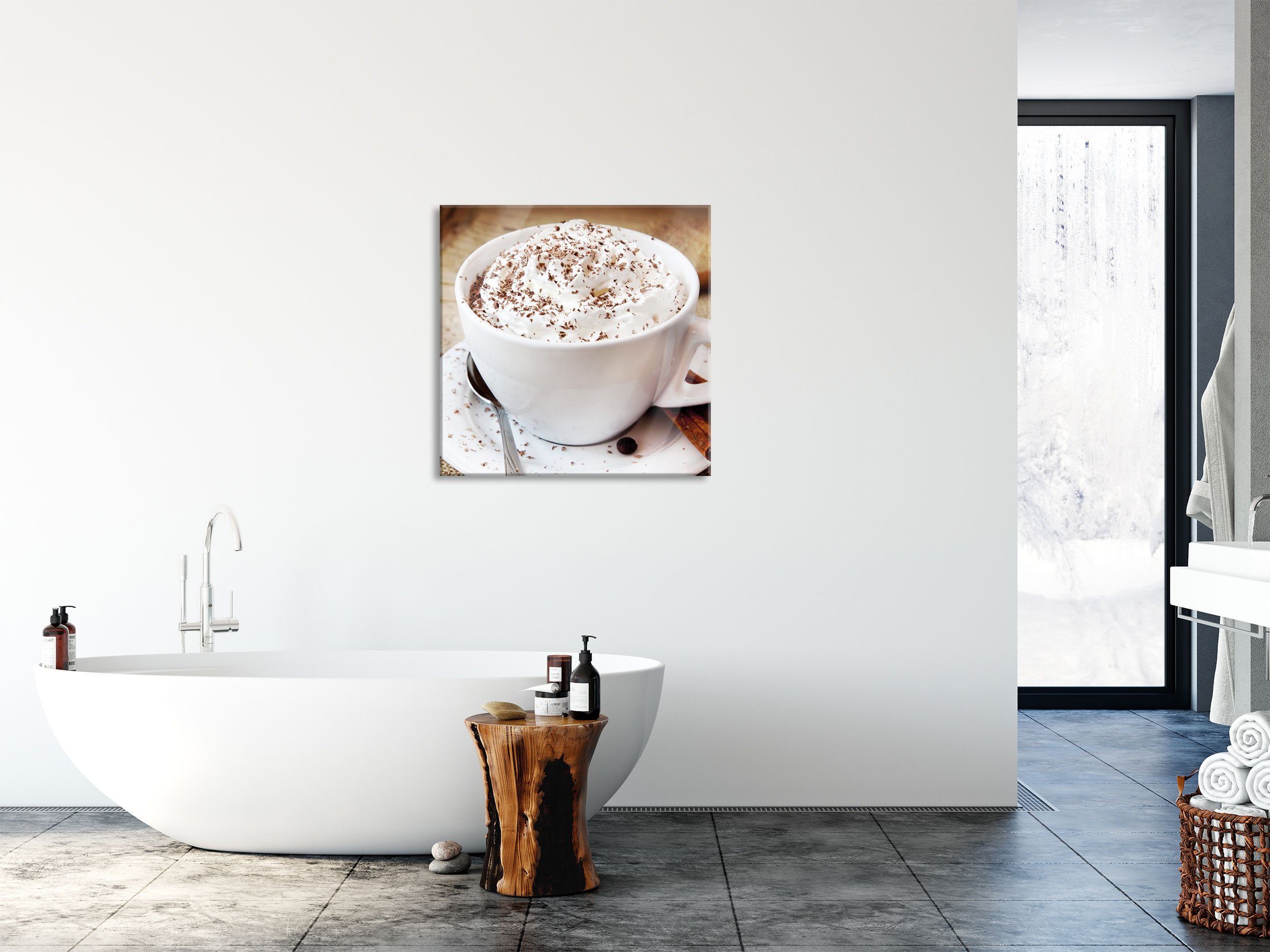 Frischer Frischer Glasbild inkl. Pixxprint (1 Glasbild und mit St), Abstandshalter Kaffee Kaffee aus Aufhängungen mit Schokostreusel, Schokostreusel Echtglas,