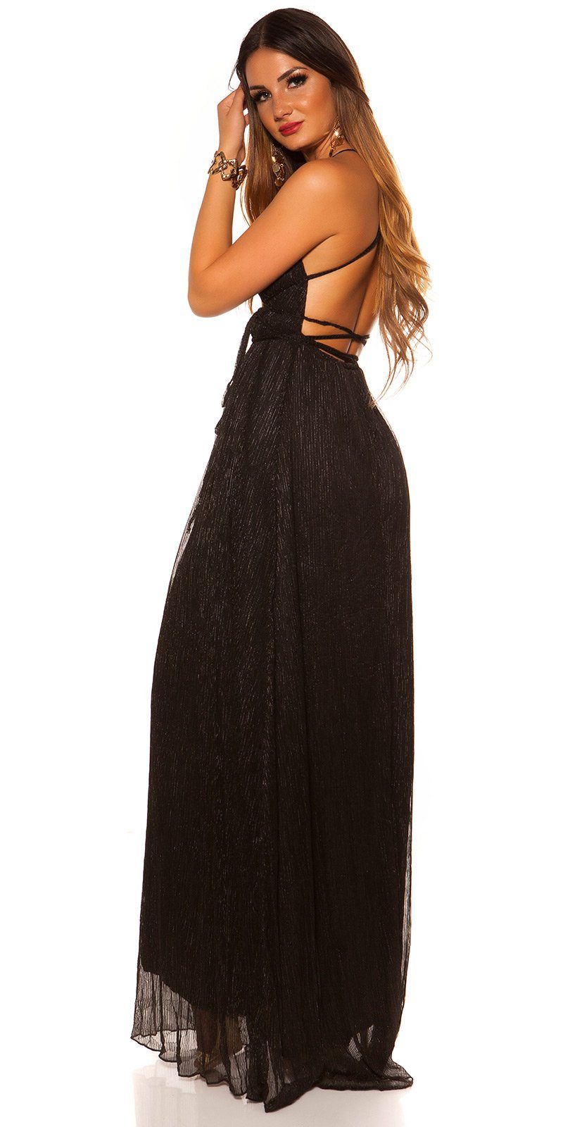 Material, Plissee Koucla offenem mit Rücken im schwarz Plissee-Stil Maxikleid glänzendes, Abendkleid glitzerndes