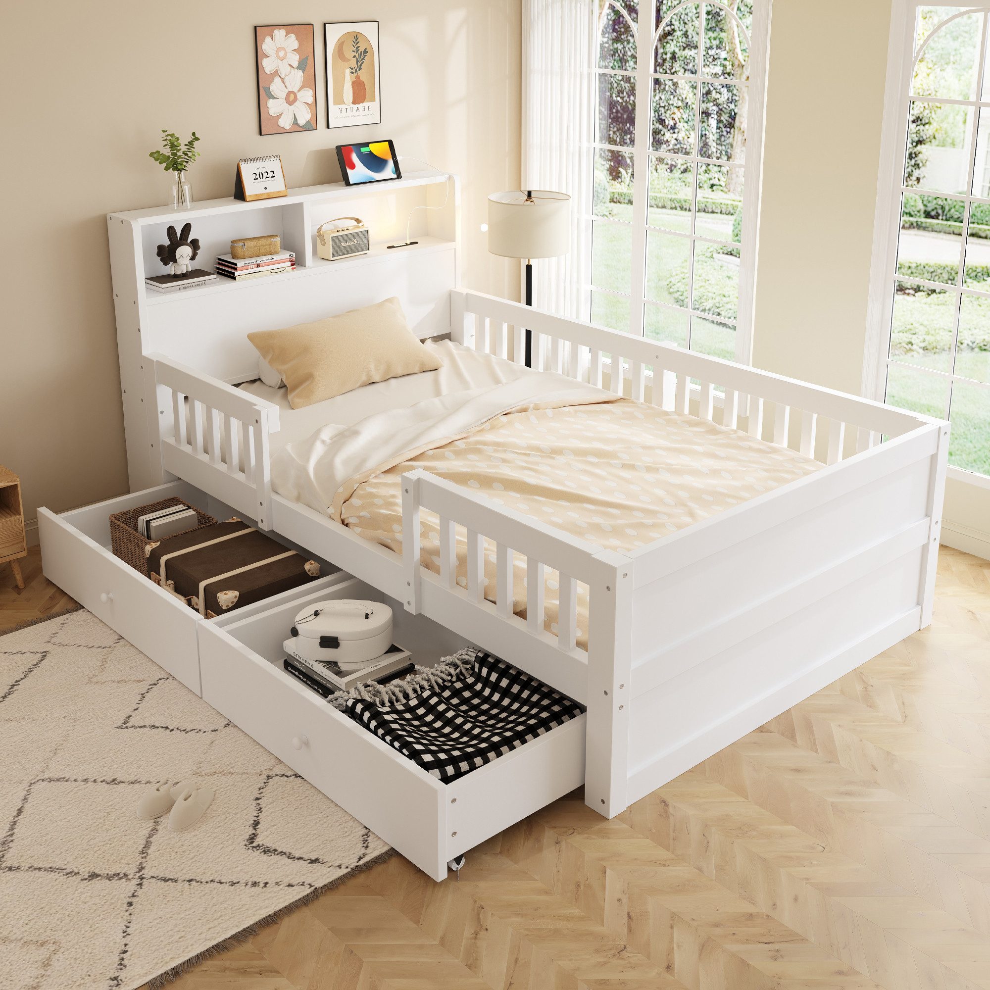 Flieks Massivholzbett, Kinderbett 90x190cm mit Aufladen, LED-Licht, 2 Schubladen