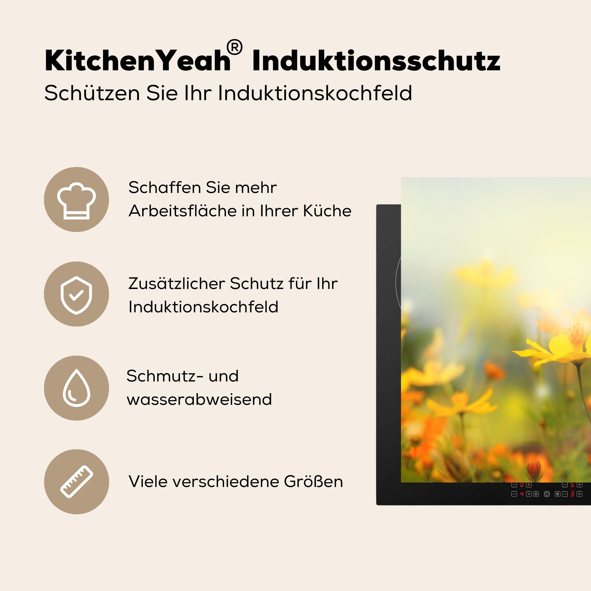 (1 küche, Gelb, - Ceranfeldabdeckung Herdblende-/Abdeckplatte - Landschaft für die Induktionsmatte cm, 59x52 tlg), MuchoWow Vinyl, Blumen