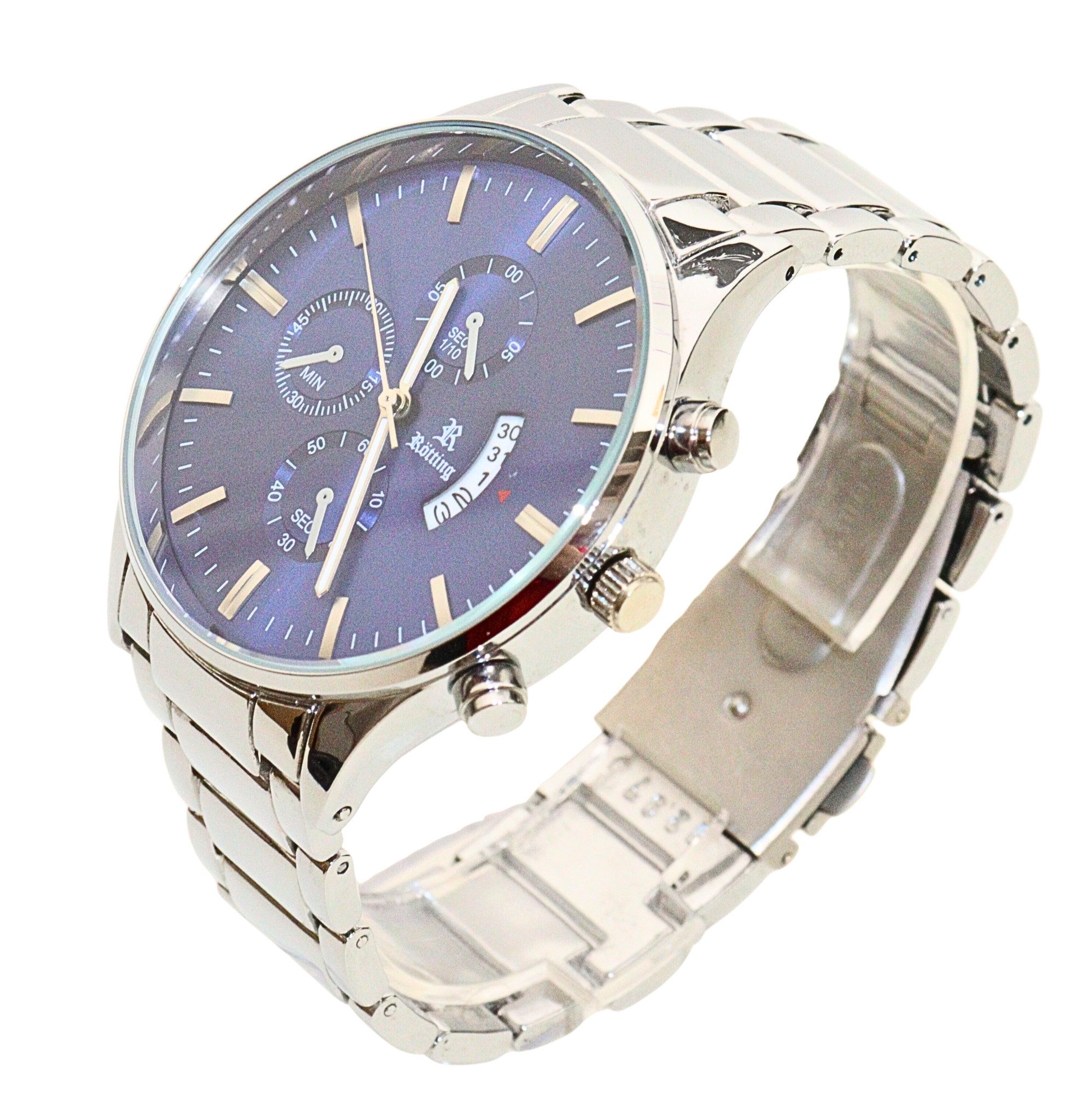 Rötting Design Quarzuhr Herrenuhr blaues Ziffernblatt Datumsanzeige in Chrono-Look Design, aus der Collection "Rötting", Handgelenkumfang 18 bis 22 cm wählbar – Bild 4 von 5