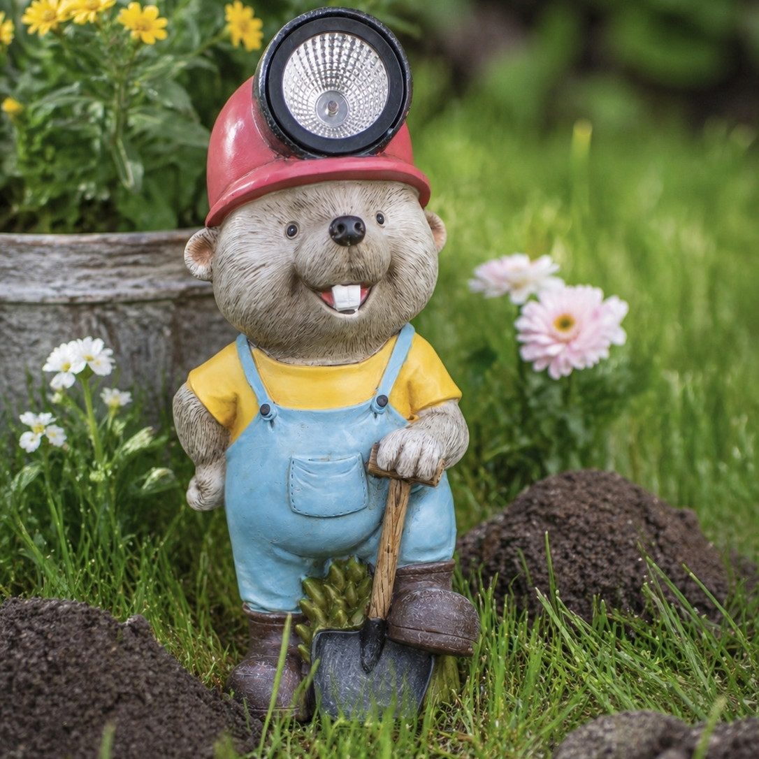 Mel-O-Design Gartenfigur Gartenfigur Biber Lumino mit Solarlicht Latzhose und Schippe 31 cm, (1 St)