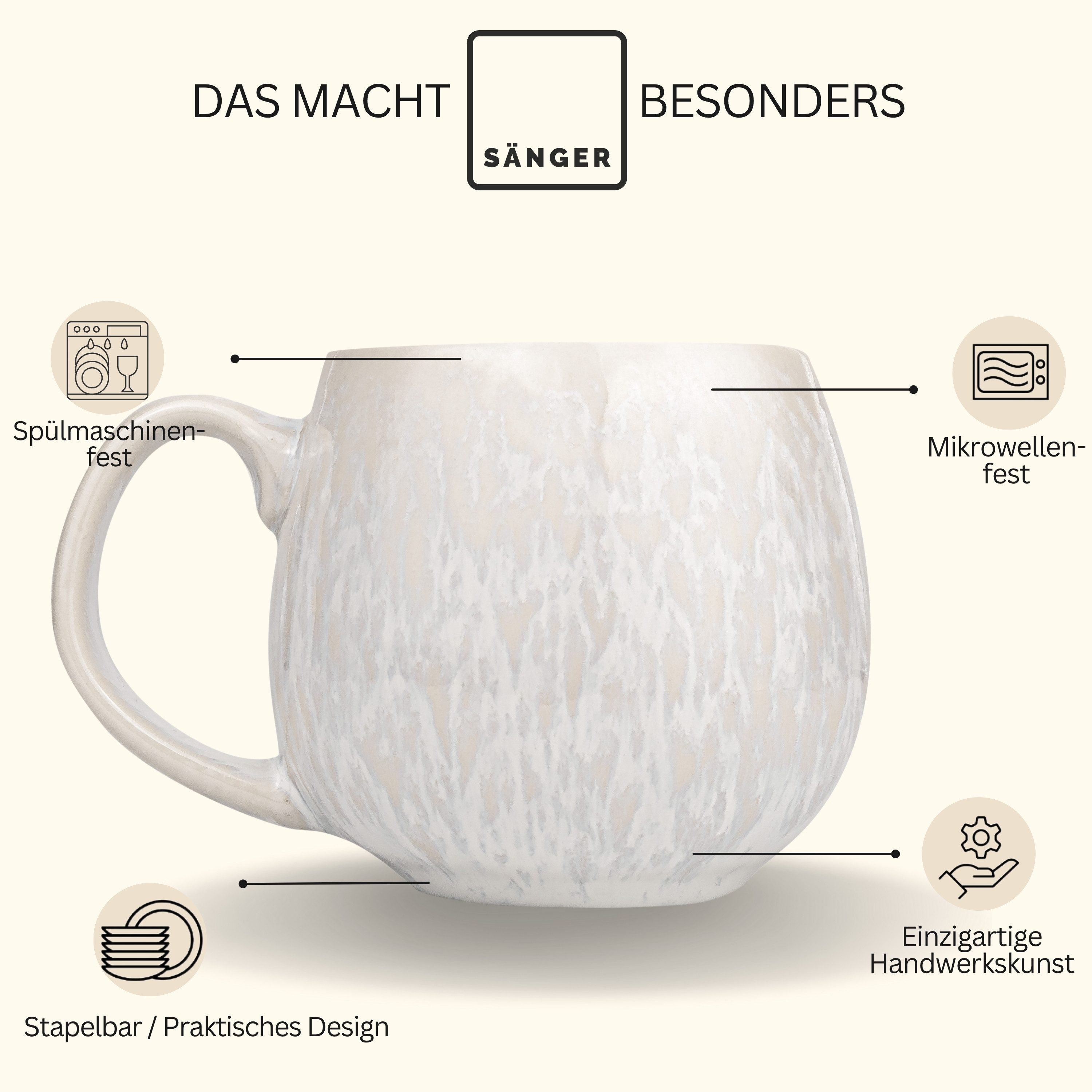 SÄNGER Becher Korfu Kaffeebecher Set (4-teilig), 4-tlg., Steingut, 150ml, Creme Farben, Handmade, Premium Collection – Bild 4 von 5