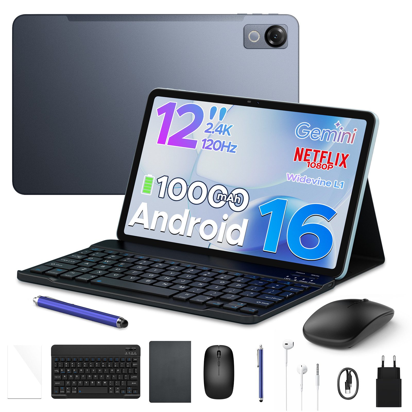 POCKAM 2026 Pockam P12 Android 16 Tablet mit Tastatur 12 Zoll 10000 mAh Tablet (12", 8 GB, Android 16, Octa-Core, 8GB+128GB/2TB, 13MP+8MP, Gemini AI, Face ID, Widevine L1)