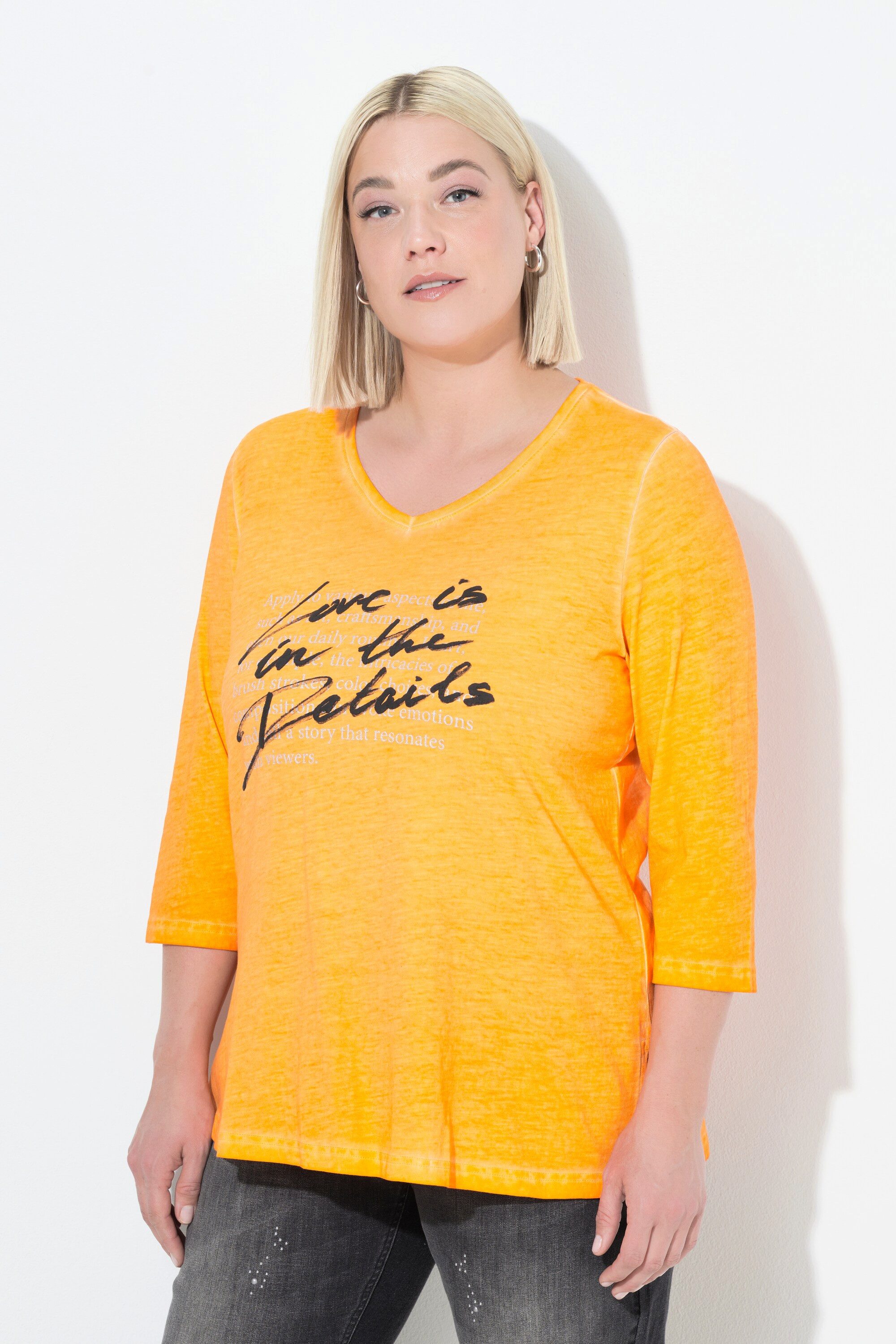 Ulla Popken Longshirt Shirt Schriftdruck A-Linie V-Ausschnitt 3/4-Arm