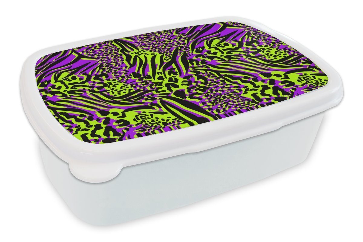 MuchoWow Lunchbox Tiermuster - Neon - Lila - Grün, Kunststoff, (2-tlg), Brotbox für Kinder und Erwachsene, Brotdose, für Jungs und Mädchen weiß