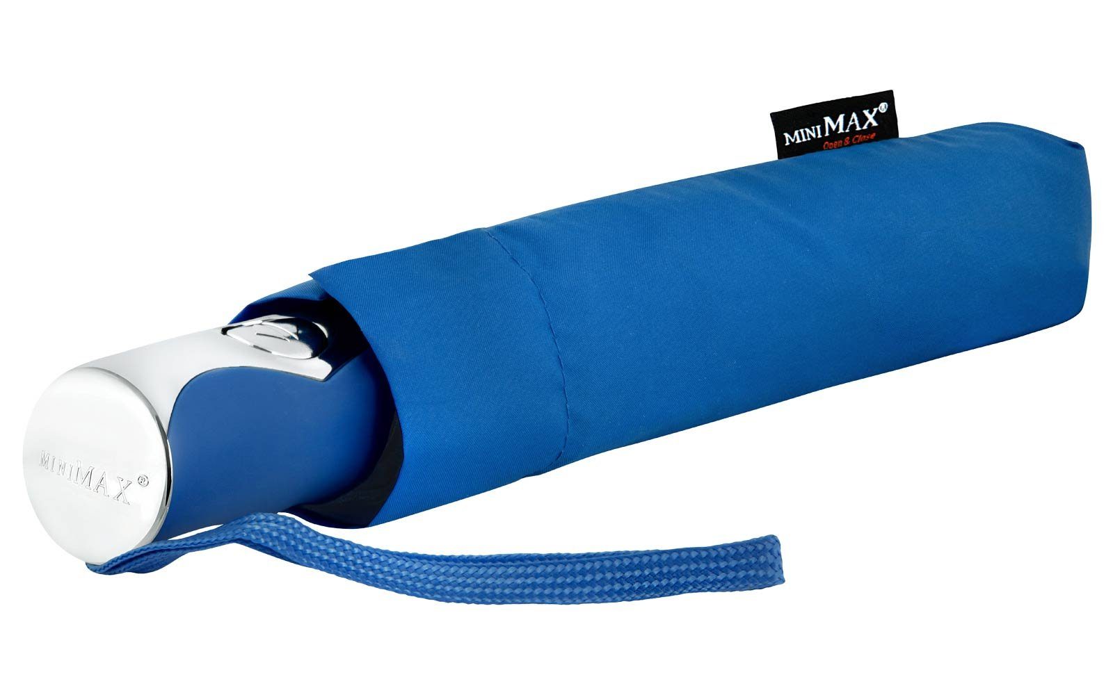 mit Begleiter uni, miniMAX® Taschenregenschirm der windsicher Impliva Auf-Zu-Automatik zuverlässige royal-blau