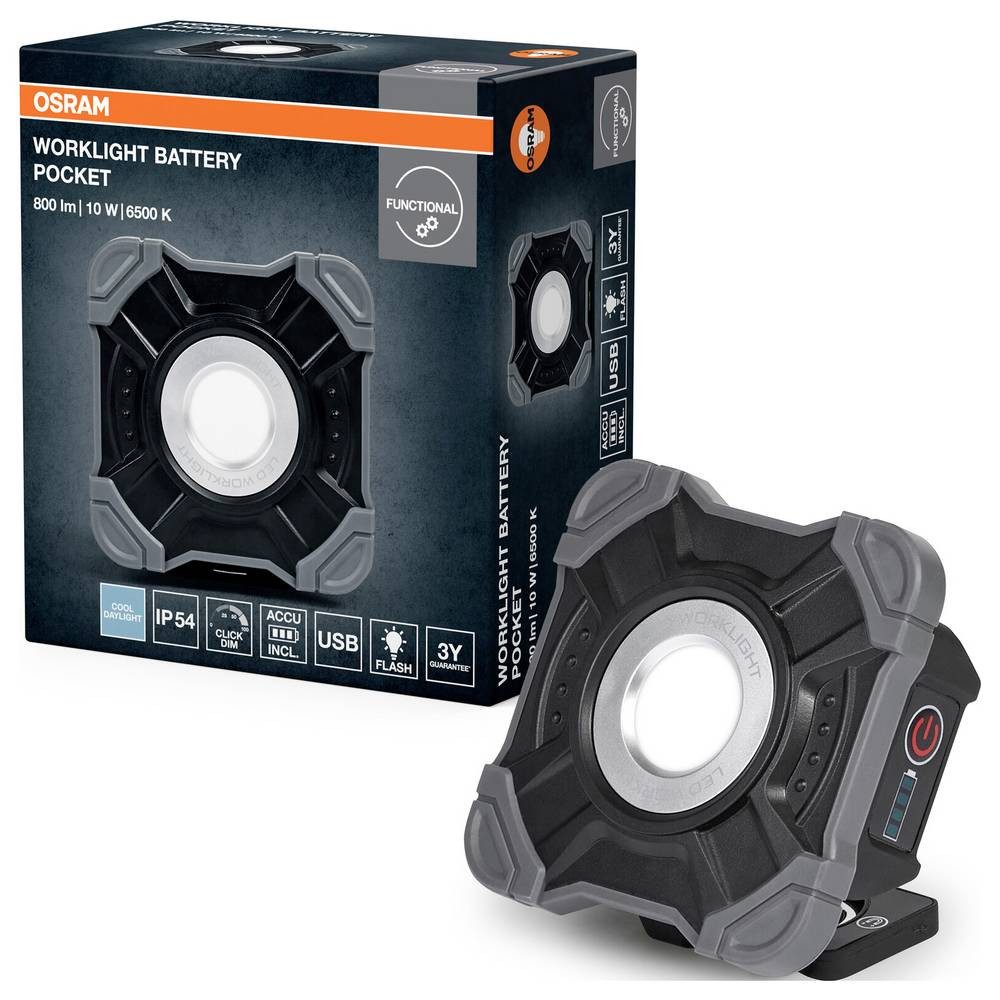 Osram Deckenleuchte Baustrahler LED 10 W Tageslichtweiß Schwarz/Grau 4099854430558, Dimmbar, Mit Powerbank-Funktion, Mit USB-Anschluss, Schwenkbar, Akkube