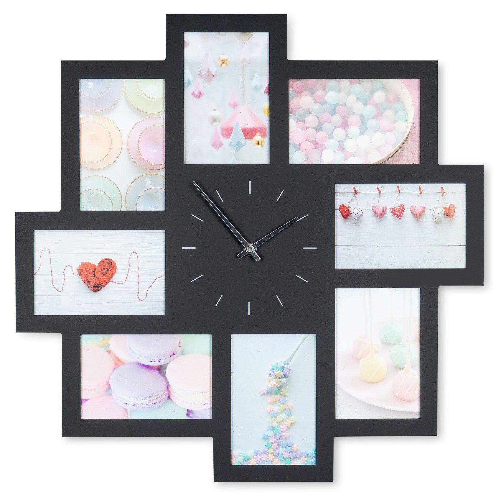 Levandeo® Bilderrahmen Collage, Wanduhr Schwarz 52x52cm Holz Bilderrahmen 8 günstig online kaufen