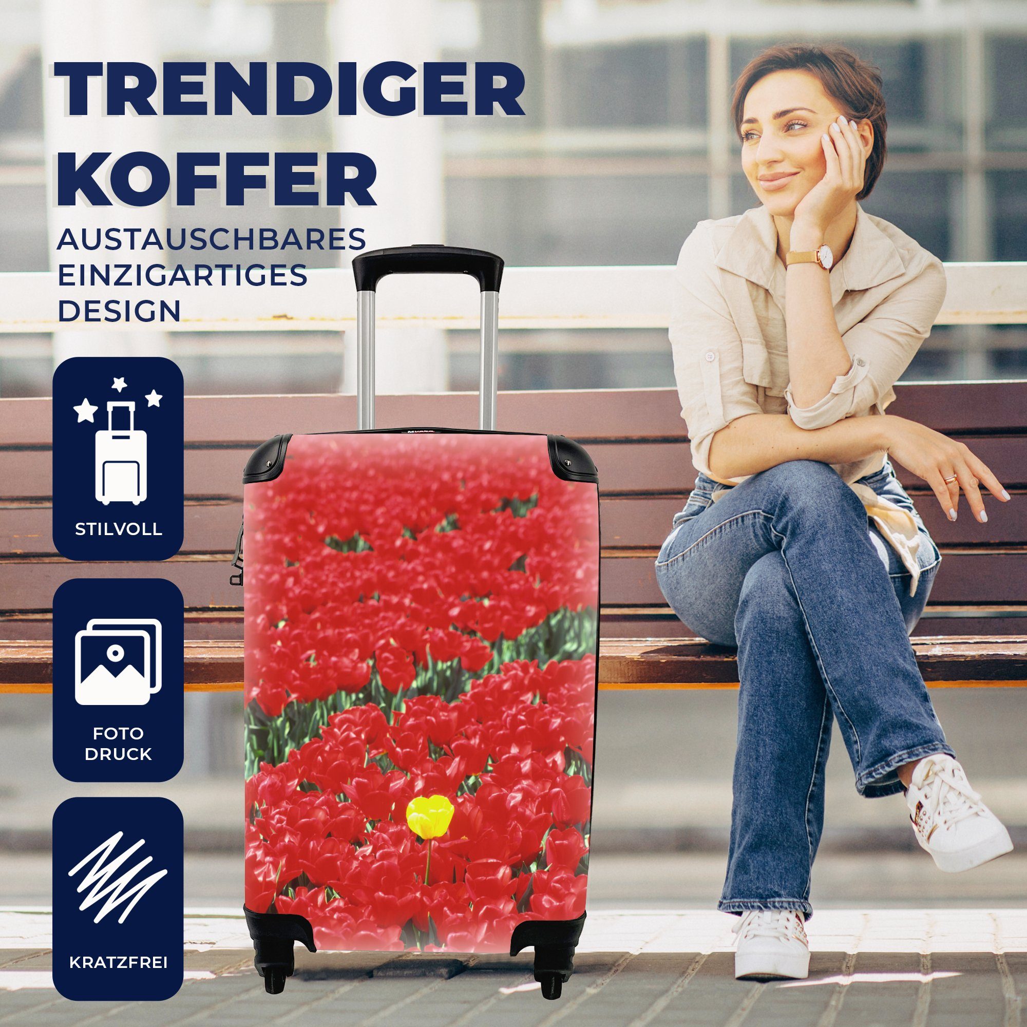 in Niederlanden, Reisetasche 4 voller mit Handgepäck Reisekoffer roter Trolley, Ein den Tulpen Feld Rollen, für MuchoWow Handgepäckkoffer Ferien, rollen,