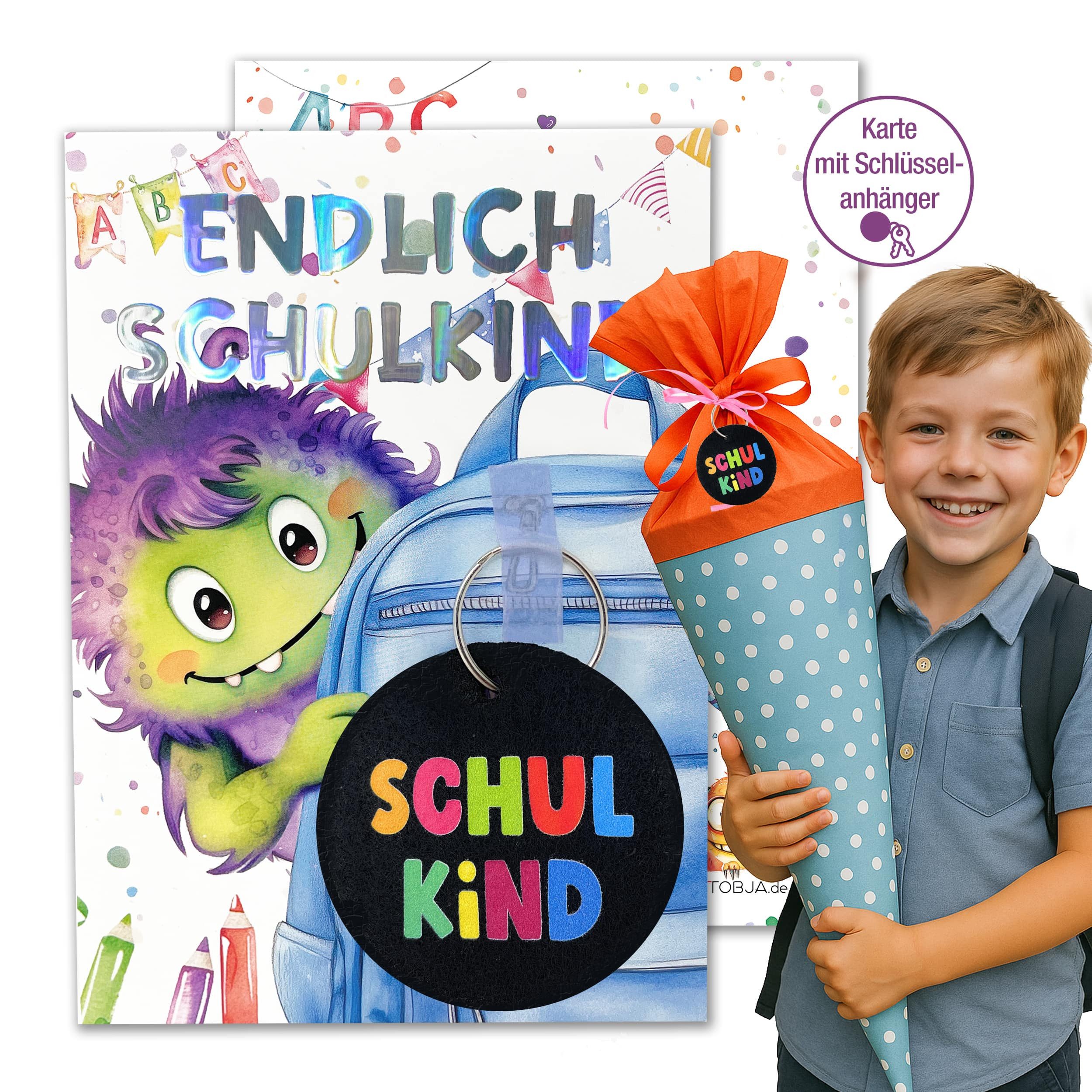 TOBJA Schulanfangskarte Geschenk Einschulung Jungen Anhänger Schultüte Monster, Schlüsselanhänger Schulkind, für Zuckertüte