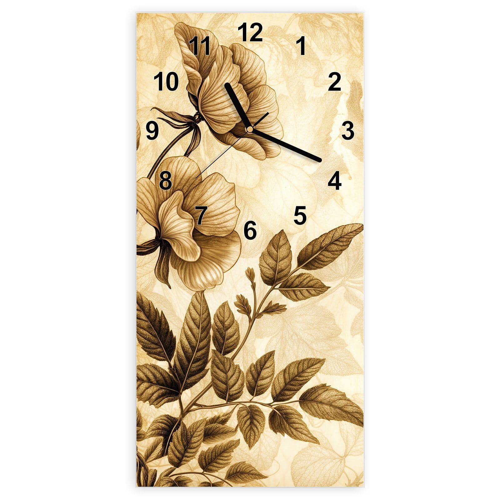 Primedeco Wanduhr Glasuhr Wandkunst Größe 30 x 60 cm mit Motiv Blumenblatt Kunstwerk