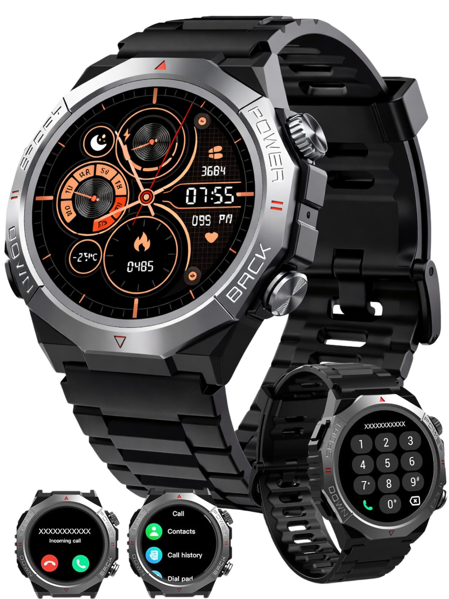 RUHE Smartwatch Telefonfunktion Herren Schrittezähler Touchscreen Silikon Smartwatch (3,53 cm/1.39 Zoll, Android und iOS) Sportuhr, 1-tlg., Herzfrequenzmonitor Schlafmonitor, Fitnessuhr für iOS und Android IP68 Wasserdicht 110+ Sportmodi Schwarz