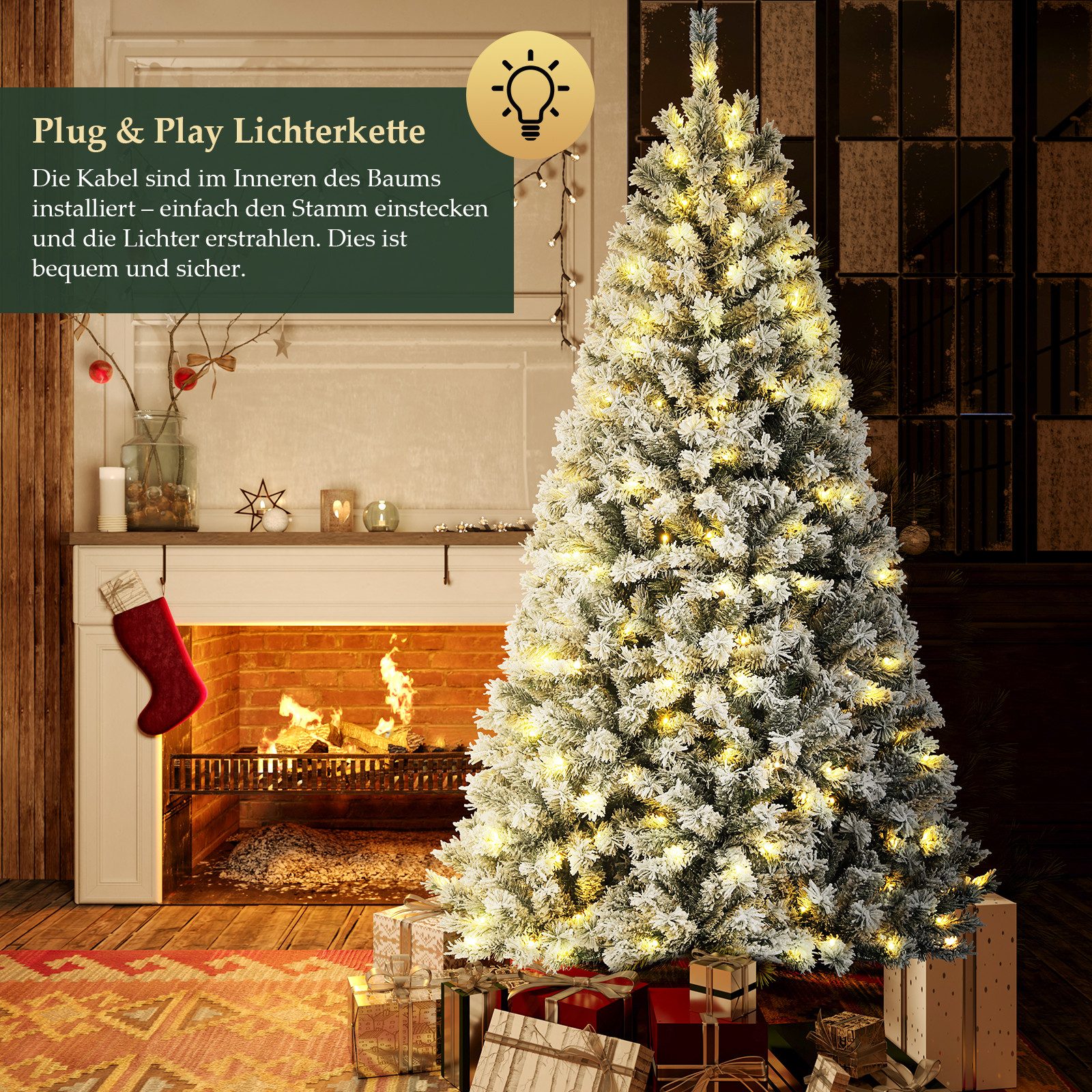 Salcar Künstlicher Weihnachtsbaum 180 cm Tannenbaum mit Schnee und Licht, Weihnachtsbaum mit Beleuchtung, Tannenbaum, mit 250 LED Lichter Warmweiß und 828 PVC Spitzen, mit Metallständer