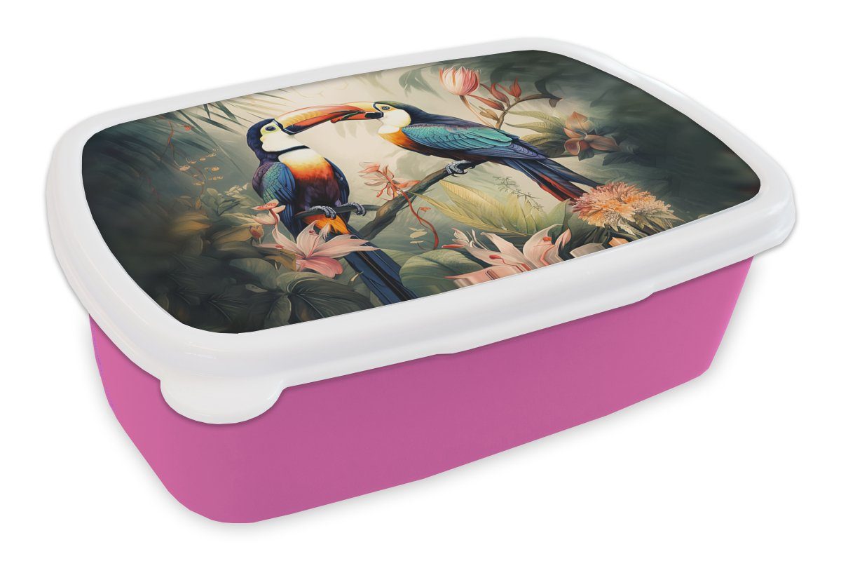 MuchoWow Lunchbox Tukan - Vögel - Blumen - Natur - Dschungel, Kunststoff, (2-tlg), Brotbox für Erwachsene, Brotdose Kinder, Snackbox, Mädchen, Kunststoff rosa