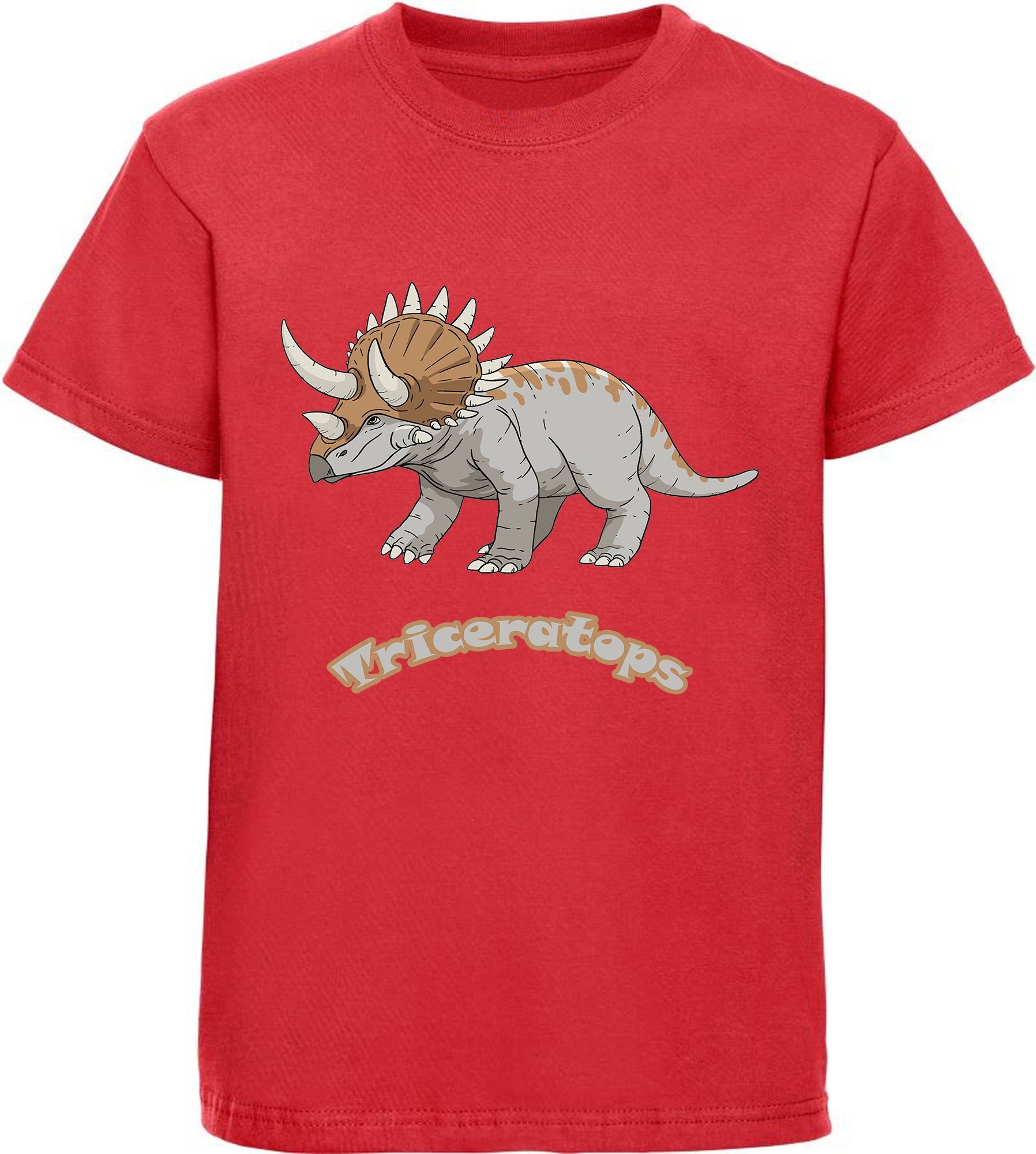 MyDesign24 T-Shirt bedrucktes Kinder T-Shirt mit Triceratops 100% Baumwolle mit Dino Aufdruck, rot i52