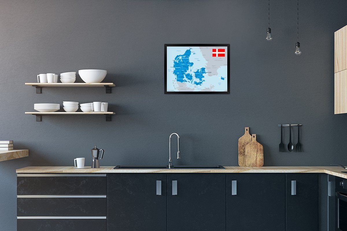 MuchoWow Poster Illustration einer blauen Karte von Dänemark mit einer Flagge, (1 St), Bilderrahmen, Deko für Wohnzimmer und Schlafzimmer, 40x30 cm