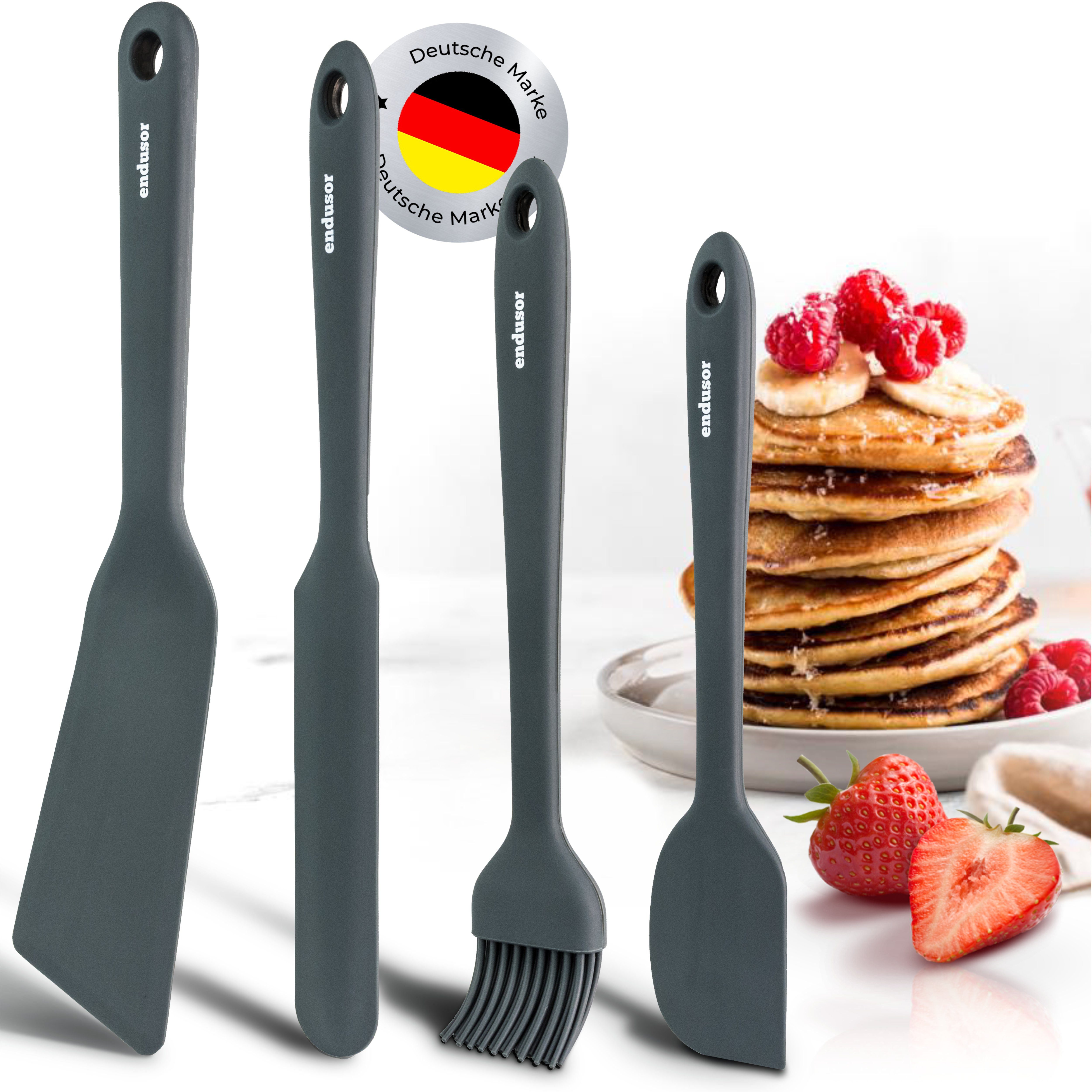 endusor Pfannenwender Silikon Spatel Set 4-teilig für Pancake & Spiegeleipfanne, Edelstahlkern, Hygienisches Silikon, Hitzeresistent bis 320°C