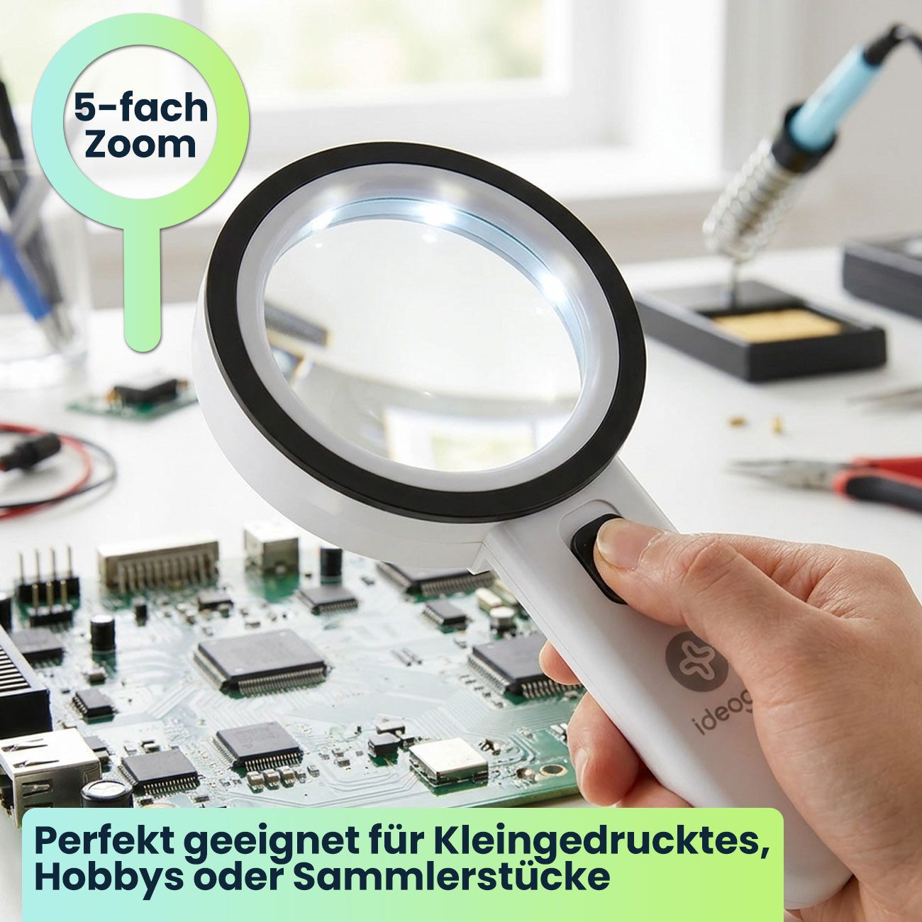 shop'n smile ideoon Handlupe LED-Handlupe mit Beleuchtung 5-fache Vergrößerung & 80mm Glas-Linse, 1-tlg., 1er-Set & 2er-Set, Ergonomischer Griff mit Schalter, 80mm Glas-Linse, 12 helle LEDs & ABS