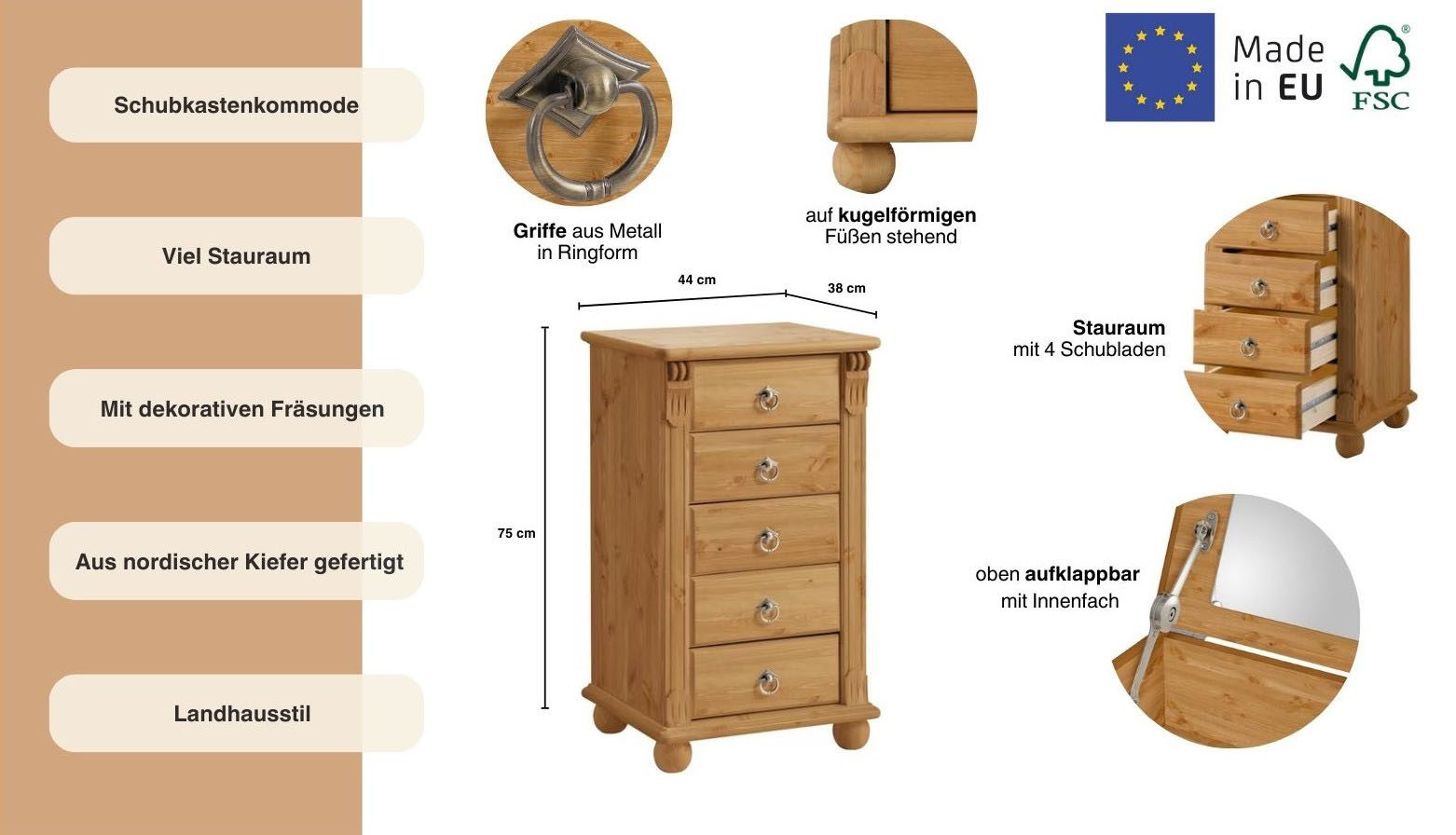OTTO home Schubkastenkommode Tessin, Schminkkommode mit Spiegel, aus massiver Kiefer, FSC®-zertifiziert