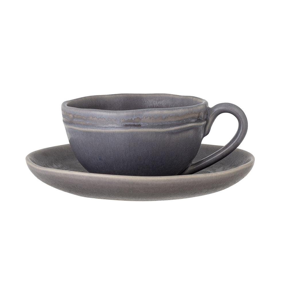 Bloomingville Cappuccinotasse Raben, Steingut, mit Kaffeetasse, Teetasse Tasse, Grau, Untertasse