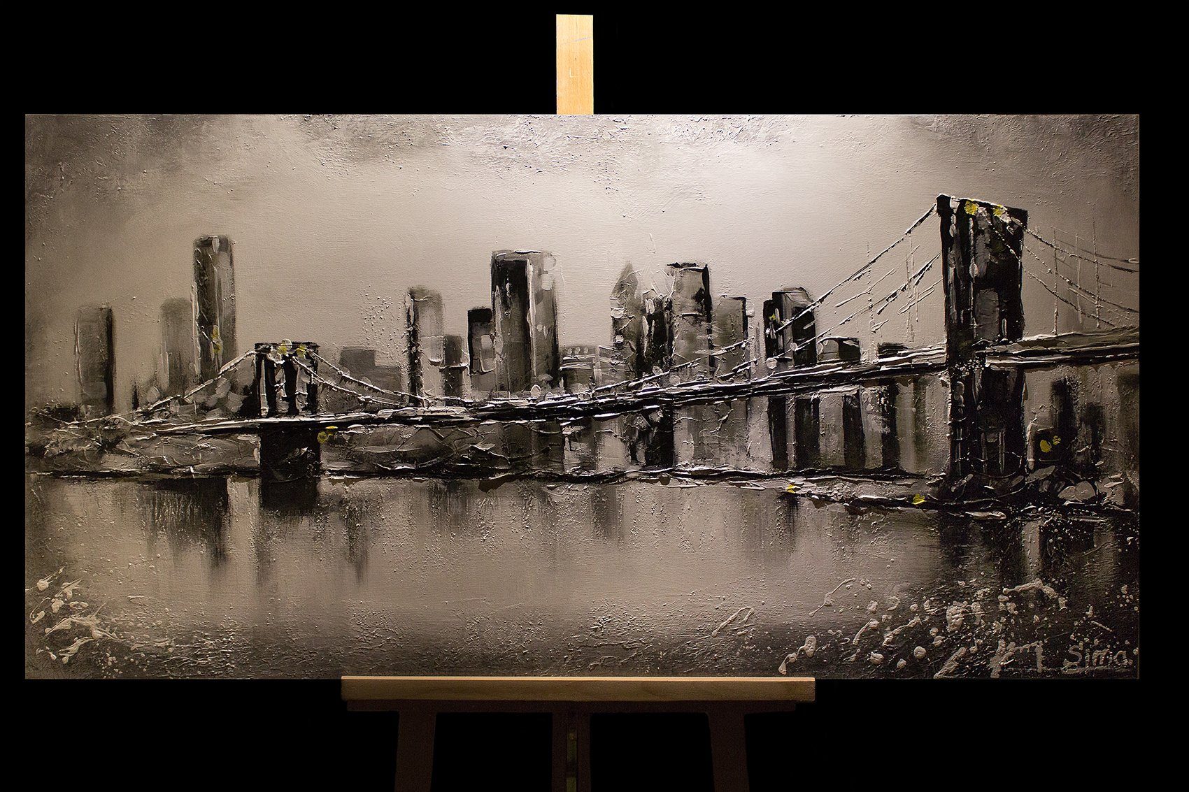 Gemälde Schwarz Städte, Großstadt, Handgemalt Weiß Großstadt Leinwand YS-Art Brücke Bild