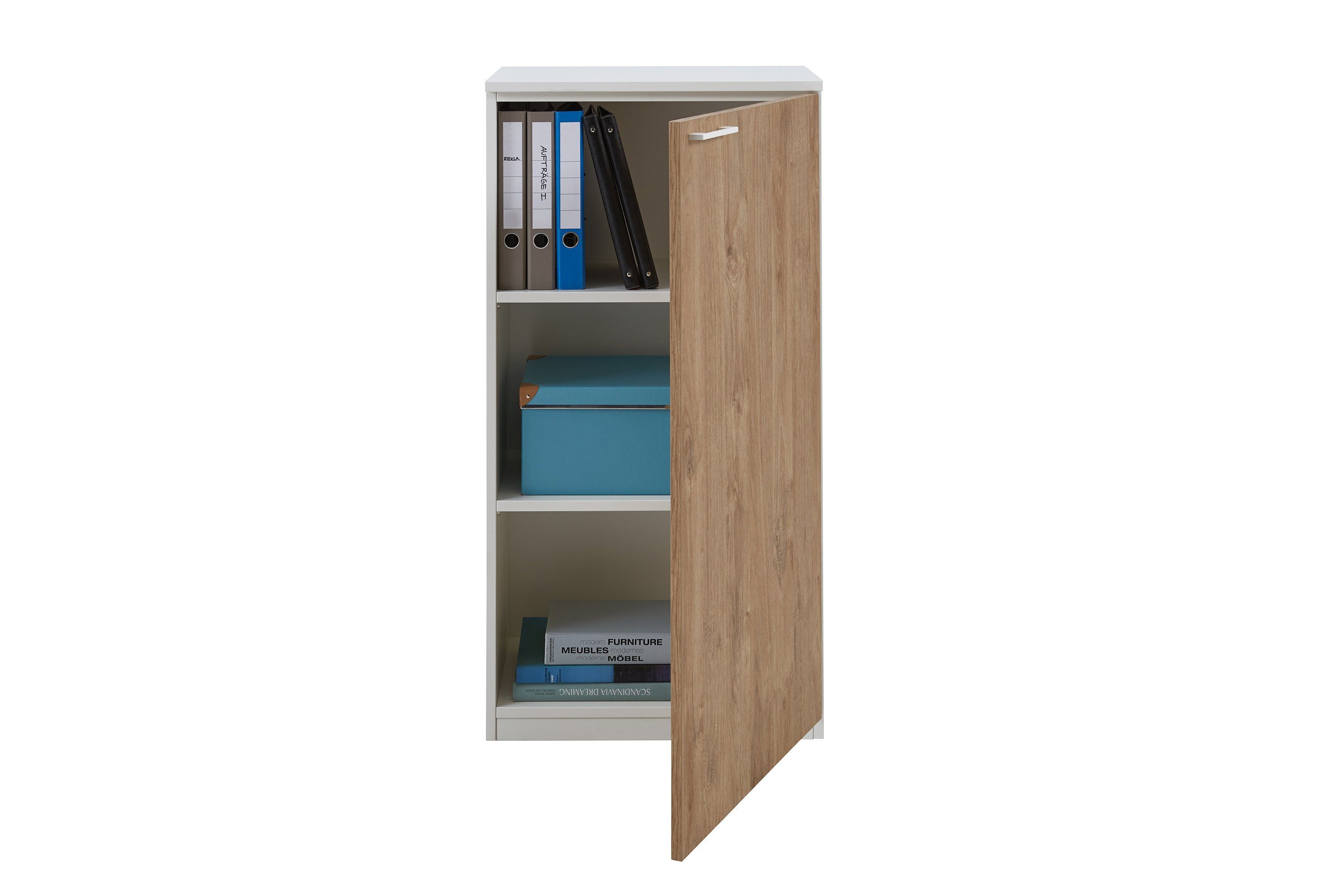 boho office® Aktenschrank be.smart 60 cm breit Tür rechts in weiß, Front in Eiche mit weißem Griff