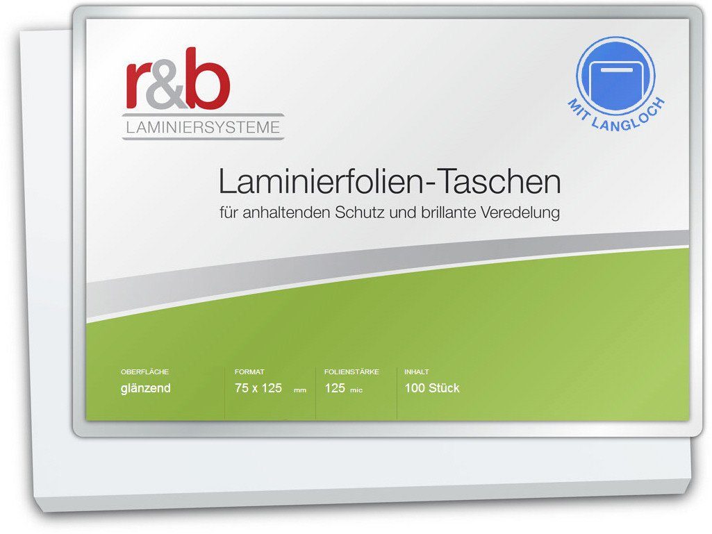 r&b Laminiersysteme Schutzfolie Laminierfolien 75 x 125 mm, 2 x 125 mic, glänzend, mit Langloch