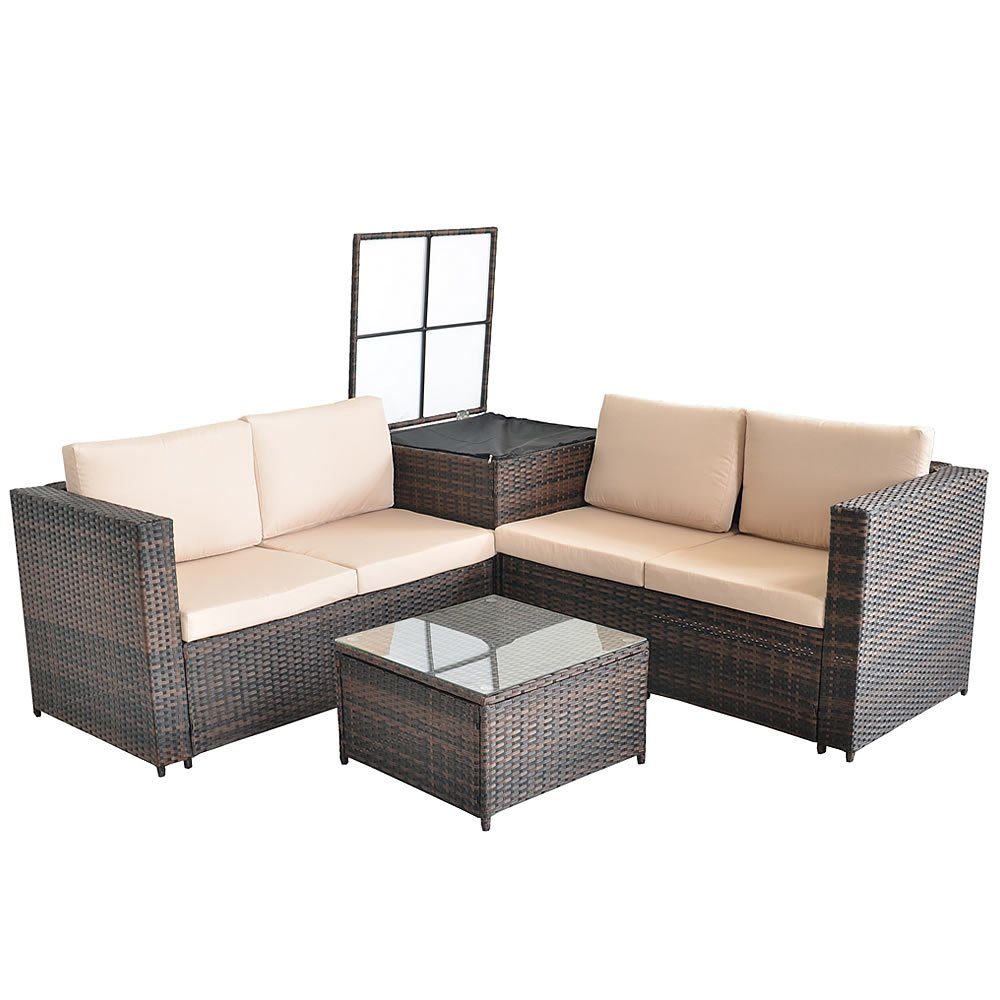Feel2Home Garten-Essgruppe PolyRattan Sitzgruppe mit Auflagenbox in Schwarz, Grau oder Braun XXL, (2-tlg), Sicherheitsglasplatte