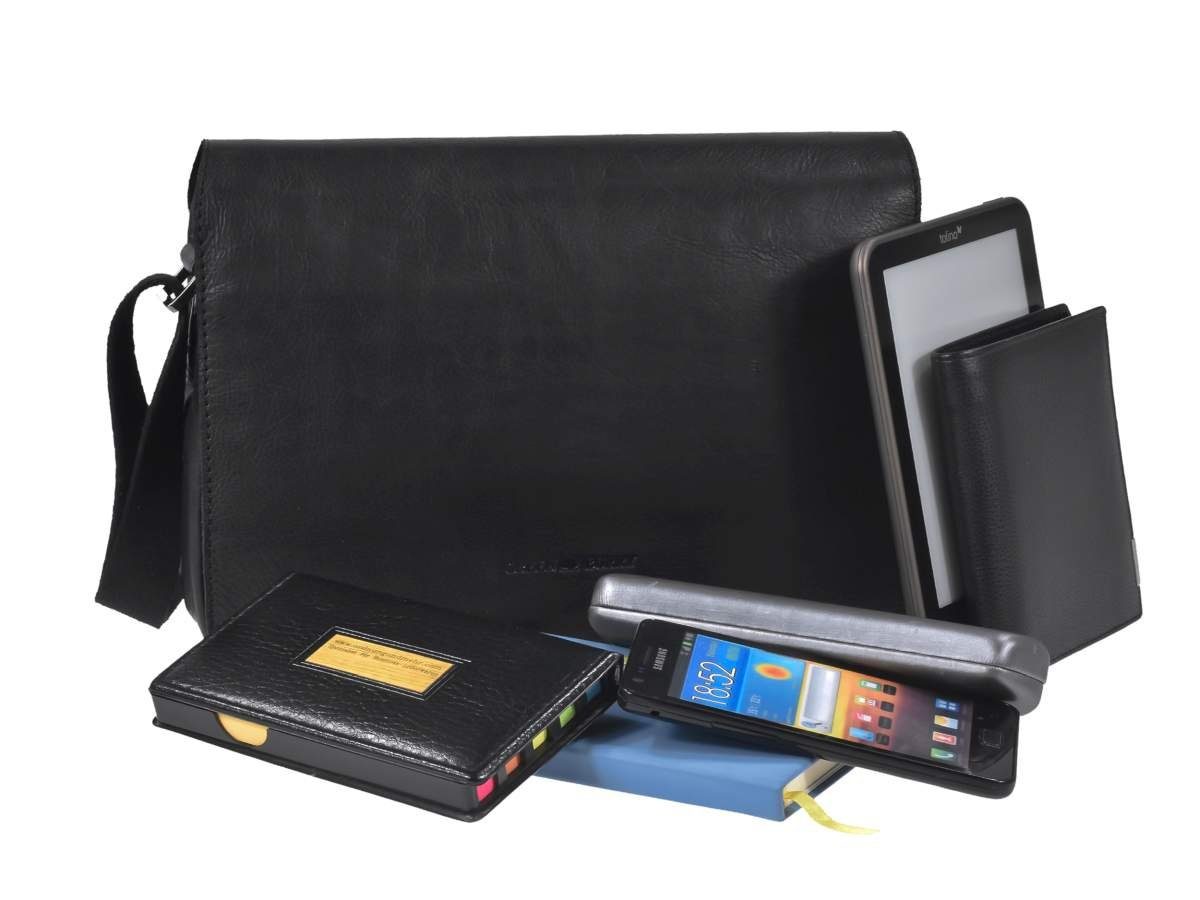 Greenburry Umhängetasche Pure Black, Schultertasche, 3 Hauptfächer, Vorfach, Reißverschlussfächer, Leder