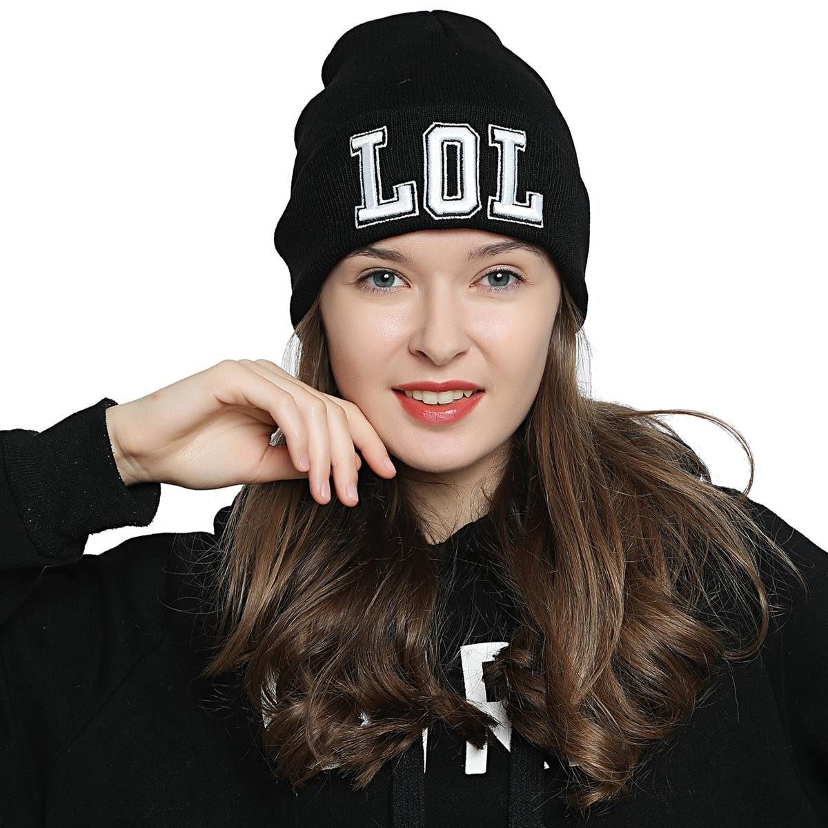 DonDon Beanie Stylische Damen Winter Beanie (Packung, 1-St) Wintermütze, mit coolem Statement-Print, Strickmütze mit Krempe schwarz - "LOL"