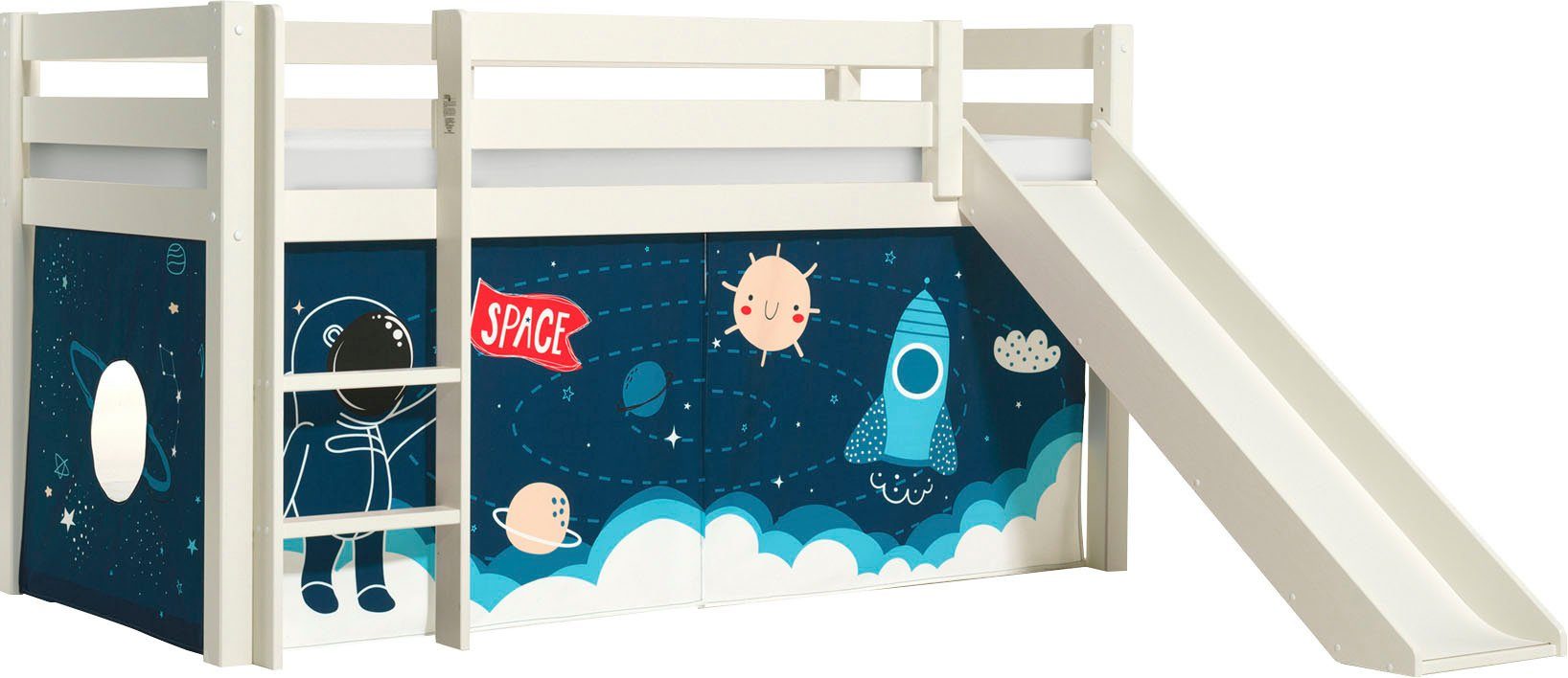 Vipack Spielbett Pino, Kiefer massiv, mit Rolllattenrost u. Textil-Set, Made in Europe (B/H/T ca. 210x114x218cm, mit Absturzschutz, Leiter und Rutsche), verschiedene Textil-Designs und Holzfarben zur Wahl