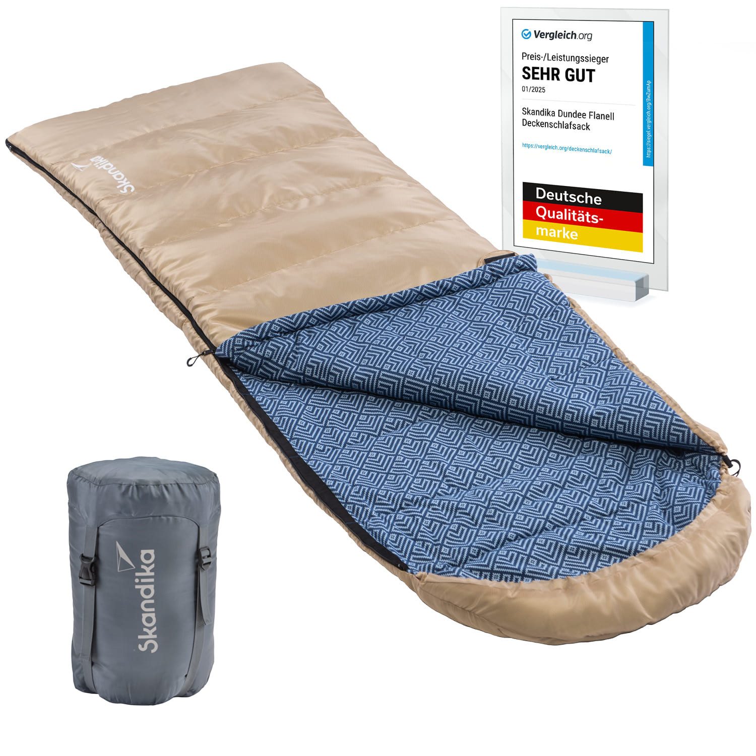 Skandika Deckenschlafsack Dundee Baumwollflanell, Koppelbar, Kopfteil mit Kordel, 3 Jahreszeiten, bis -20°C, Packsack mit Kompressionsbändern, 220x80cm