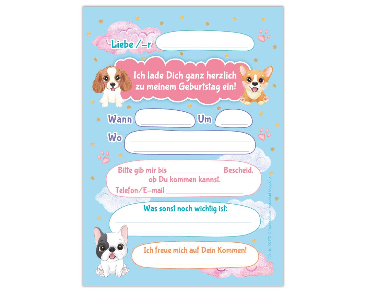JUNAPACK Einladungskarten Hunde Einladungen zum 7. Kindergeburtstag Karten Mädchen Welpen, Einladungskarten mit einem Hunde Motiv zum siebten Geburtstag