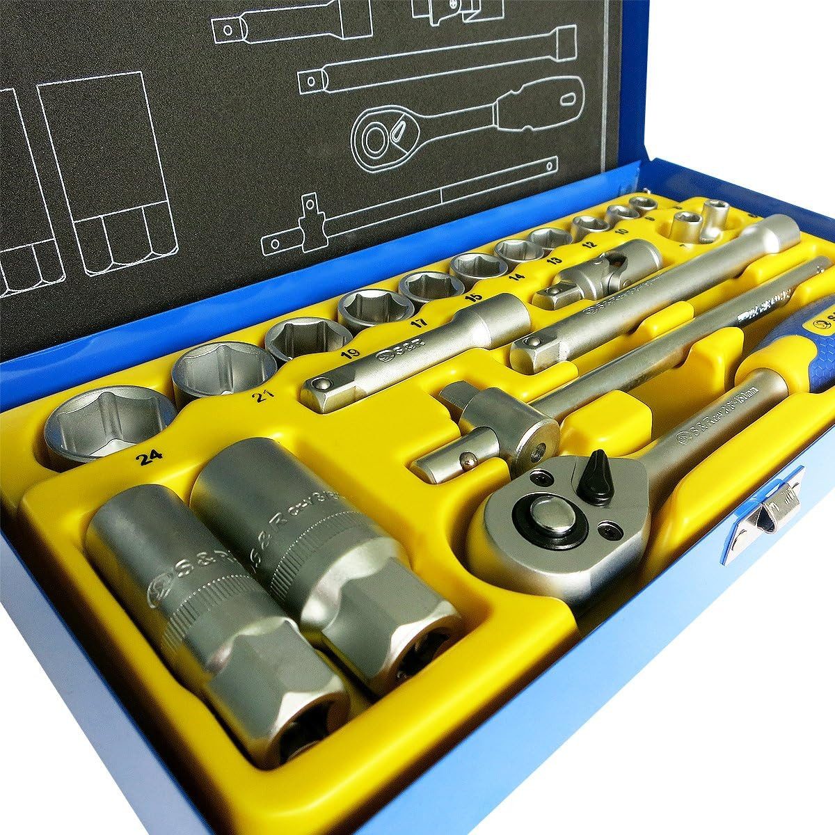 S&R Steckschlüssel - satz, 3/8" Lock-Drive Profil, in Metallbox, Knarrenkasten (Satz, 20-tlg), Steckschlüsselsatz auch für verrostete oder festsitzende Schrauben