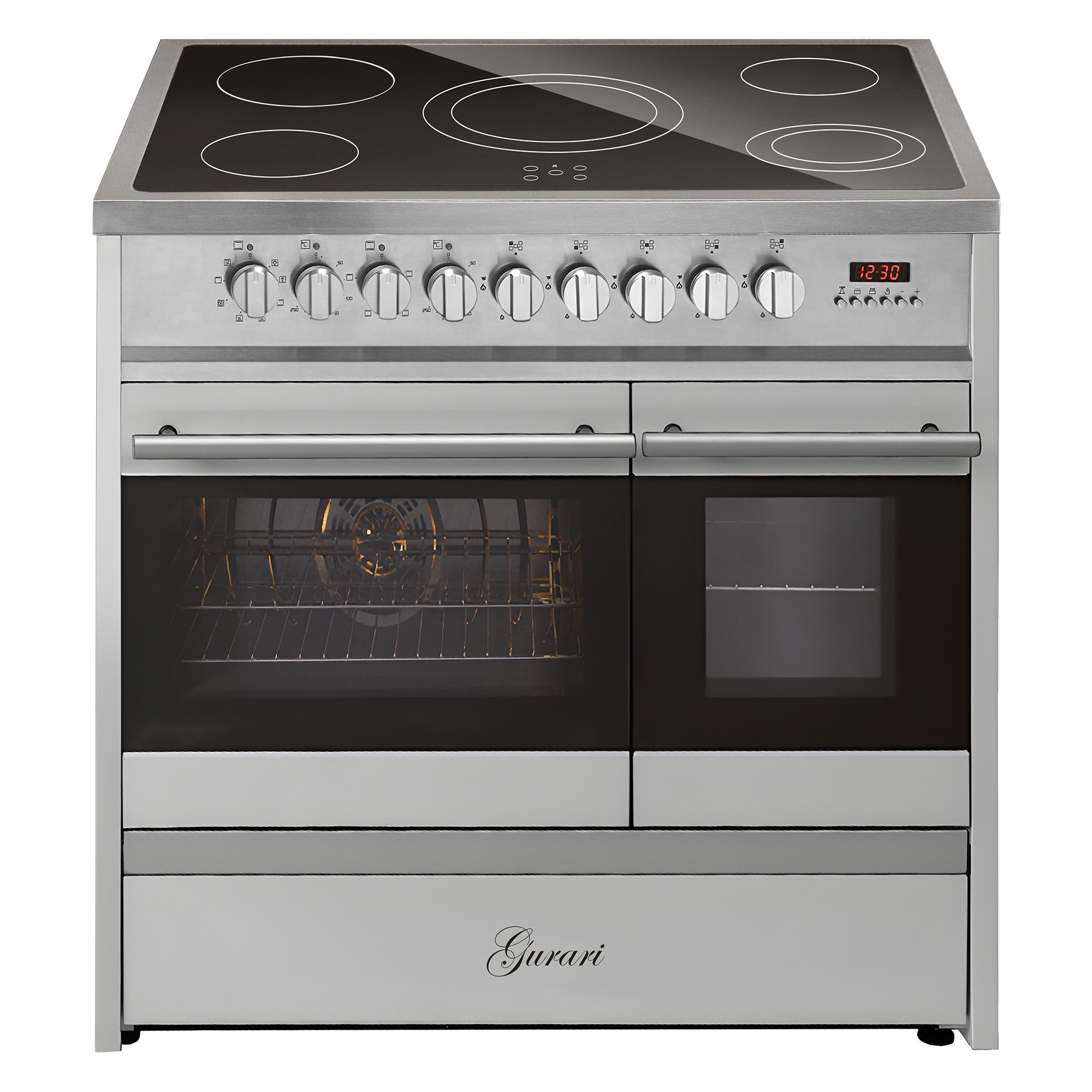 GURARI Elektro-Standherd Elektro Standherd 90 cm, Doppelbackofen+Dunstabzugshaube 90 cm GCH E 912 DF X+GCH F 462 IS 9 Prime., mit 1-fach-Teleskopauszug