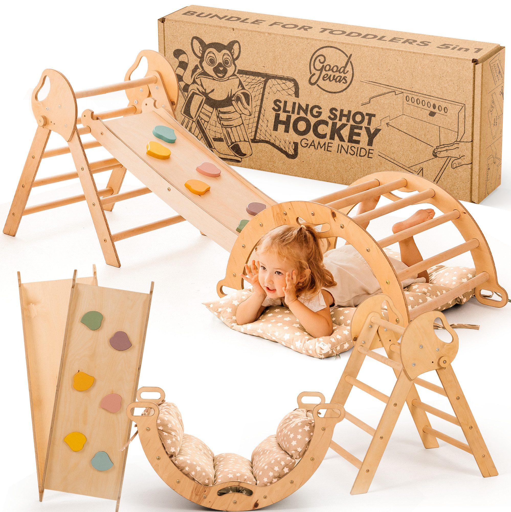 Goodevas Klettergerüst 5-in-1 Montessori Holz-Kletter-Set 5in1 für Kleinkinder 1-3 Jahre alt, (5-St)