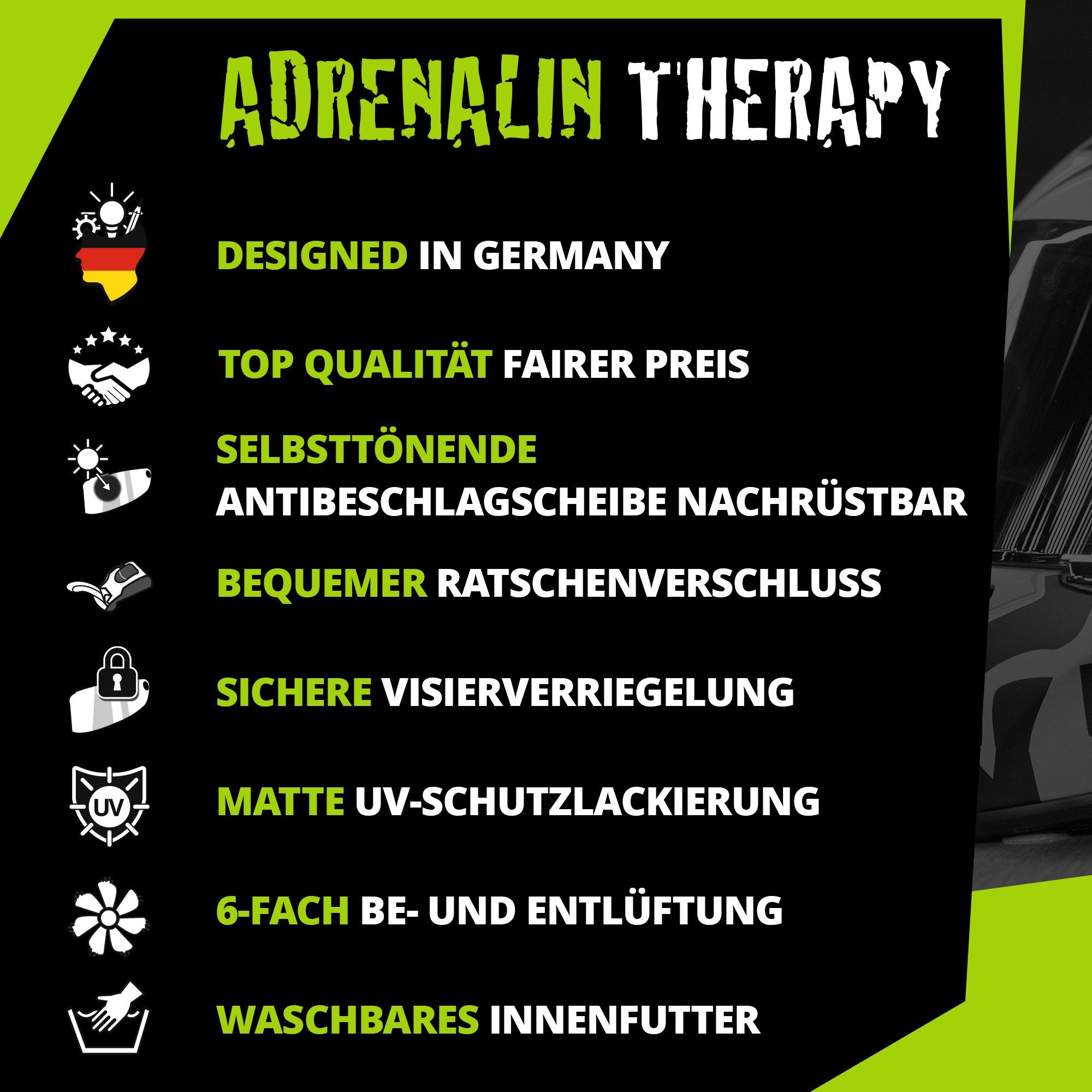 Broken Head Motorradhelm Adrenalin Therapy 4X Schwarz-Neon-Grün Glanz, Limited Edition, Optik für Adrenalin-Junkies!