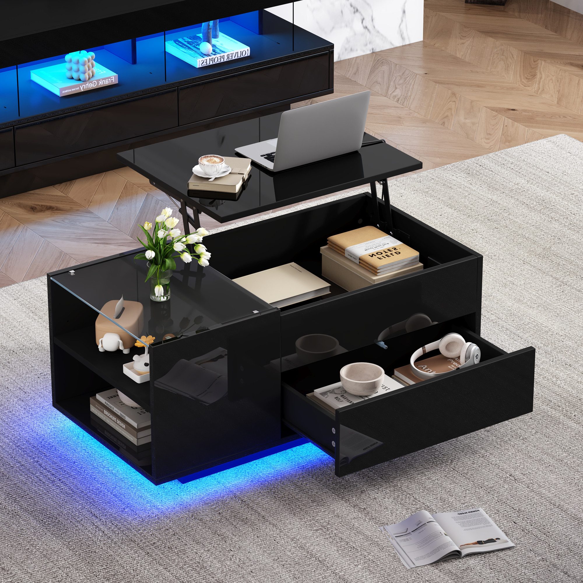 HAUSS SPOLE Couchtisch Höhenverstellbarer Kaffeetisch mit Verstecktem Stauraum, LED-Licht (Sofatisch, Beistelltisch, 1-St., mit Verstecktem Stauraum), LED-Licht, Steckdose