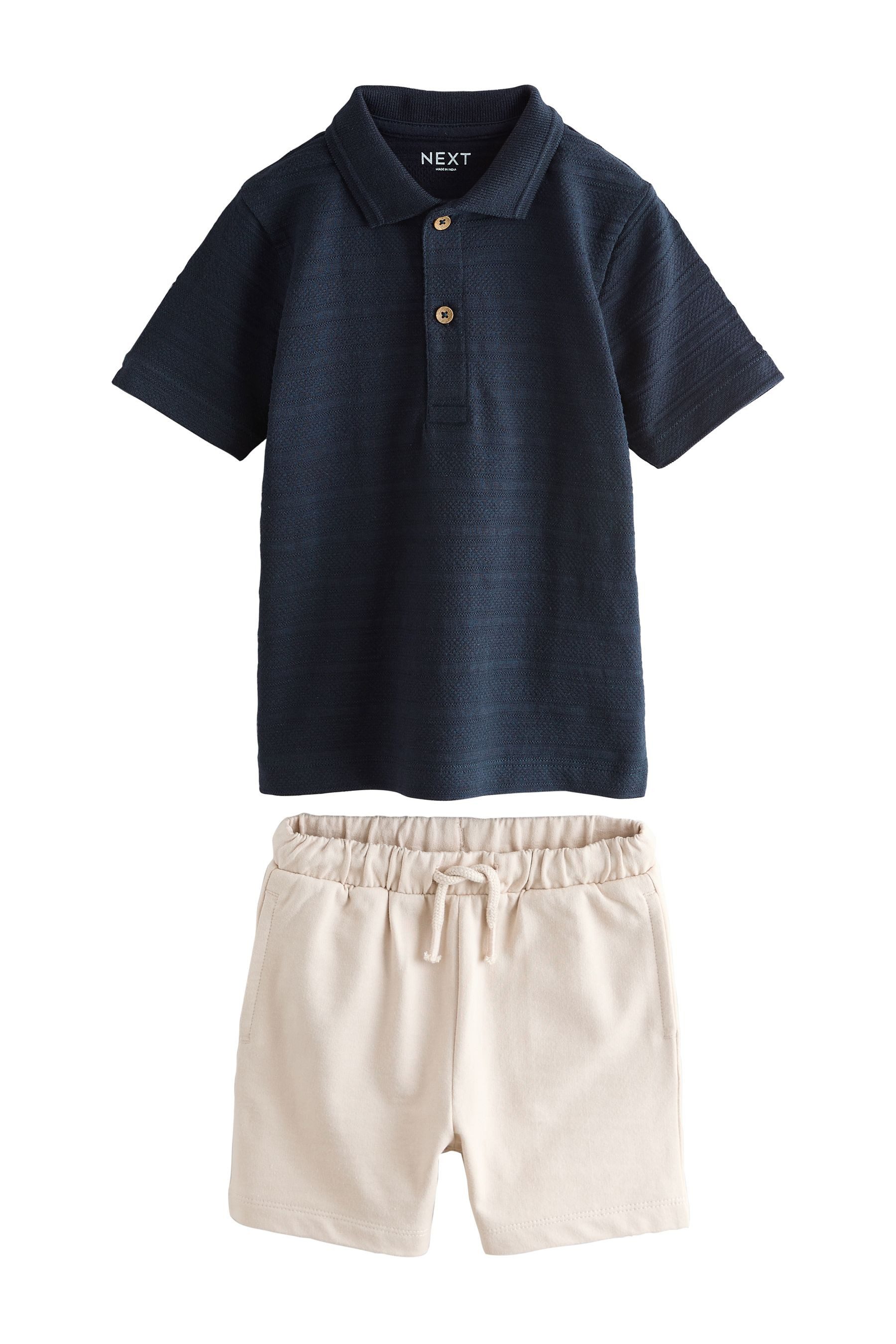 Next Shirt & Shorts Strukturiertes Kurzarm-Poloshirt und Shorts (2-tlg)