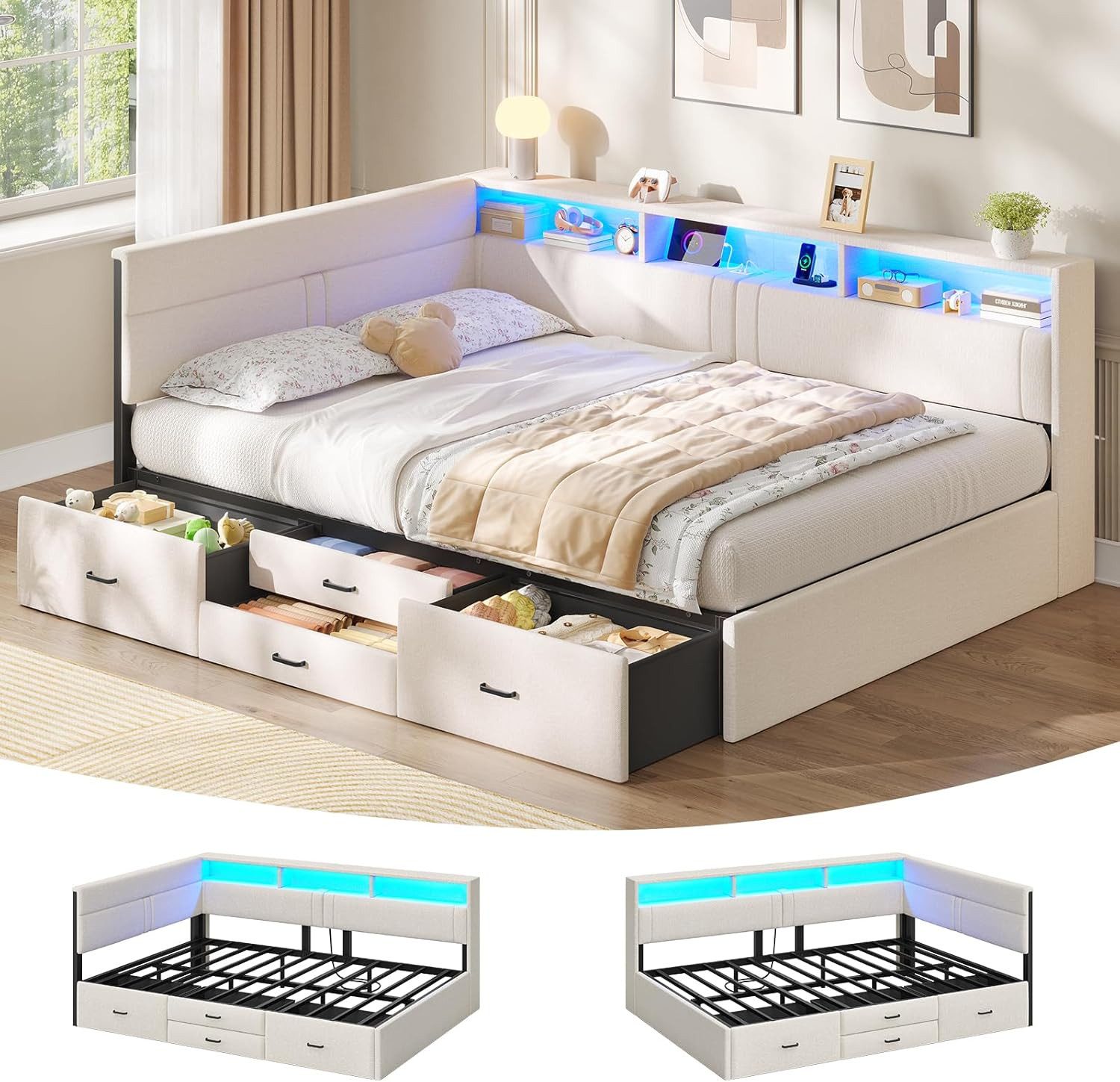 MSMASK Polsterbett Schlafsofa mit LED-Beleuchtung & Ladestation, Einzelbett, Daybett (Ohne Matratze), Jugendbett mit 4 Schubladen, ohne Matratze, 140x200 cm