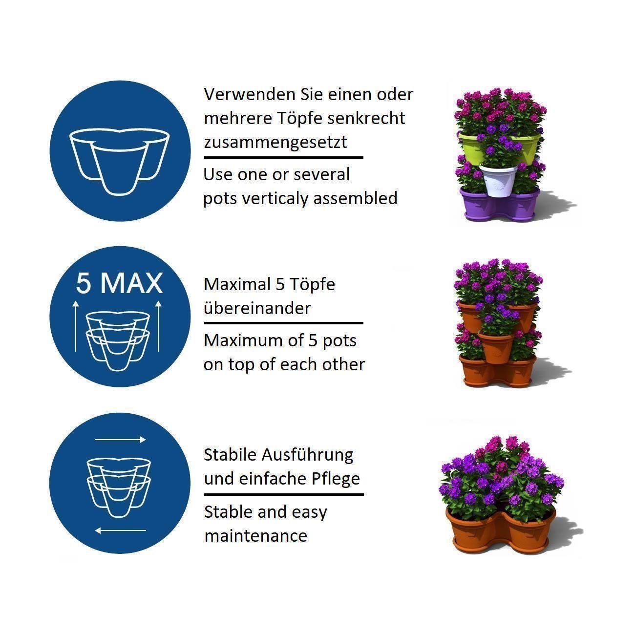 Engelland Blumenständer platzsparend, Hochbeet, UV-beständig, 11 (Vorteils-Set, je fallsicher, stapelbar, Ebene), Liter St., Terrakotta/Dunkelbraun Kunststoff robuster Säulentopf, 5 Fassungsvermögen Kräuterbeet